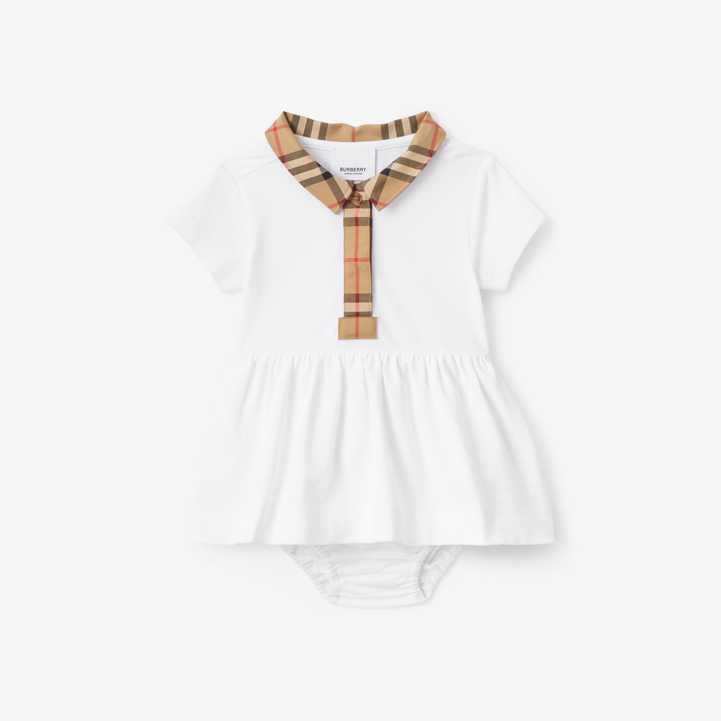 Stretchbaumwollpiqué-Kleid mit Karobesatz und Höschen (Weiß) - Kinder | Burberry® - 1