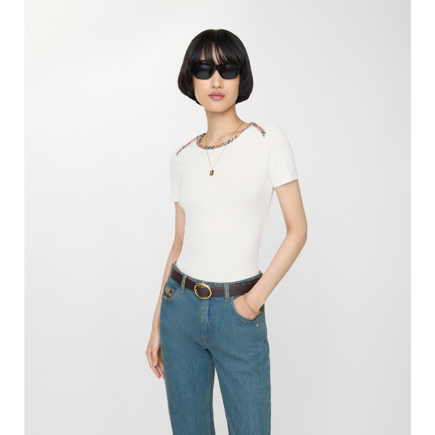 Check Trim Stretch Cotton T-shirt in Chalk white - Women | Burberry® Official