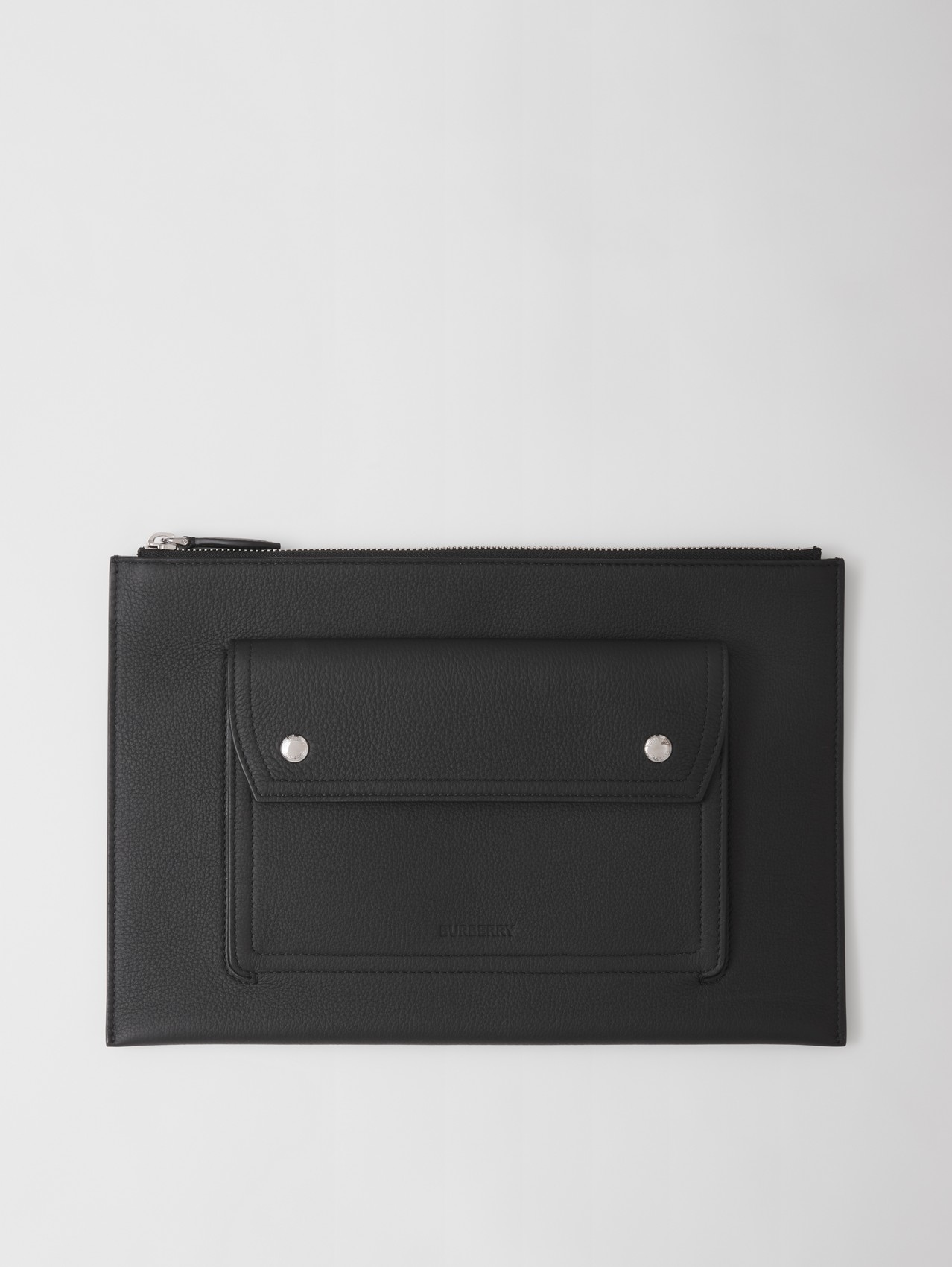 Pocket Detail Grainy Leather Zip Pouch in Black