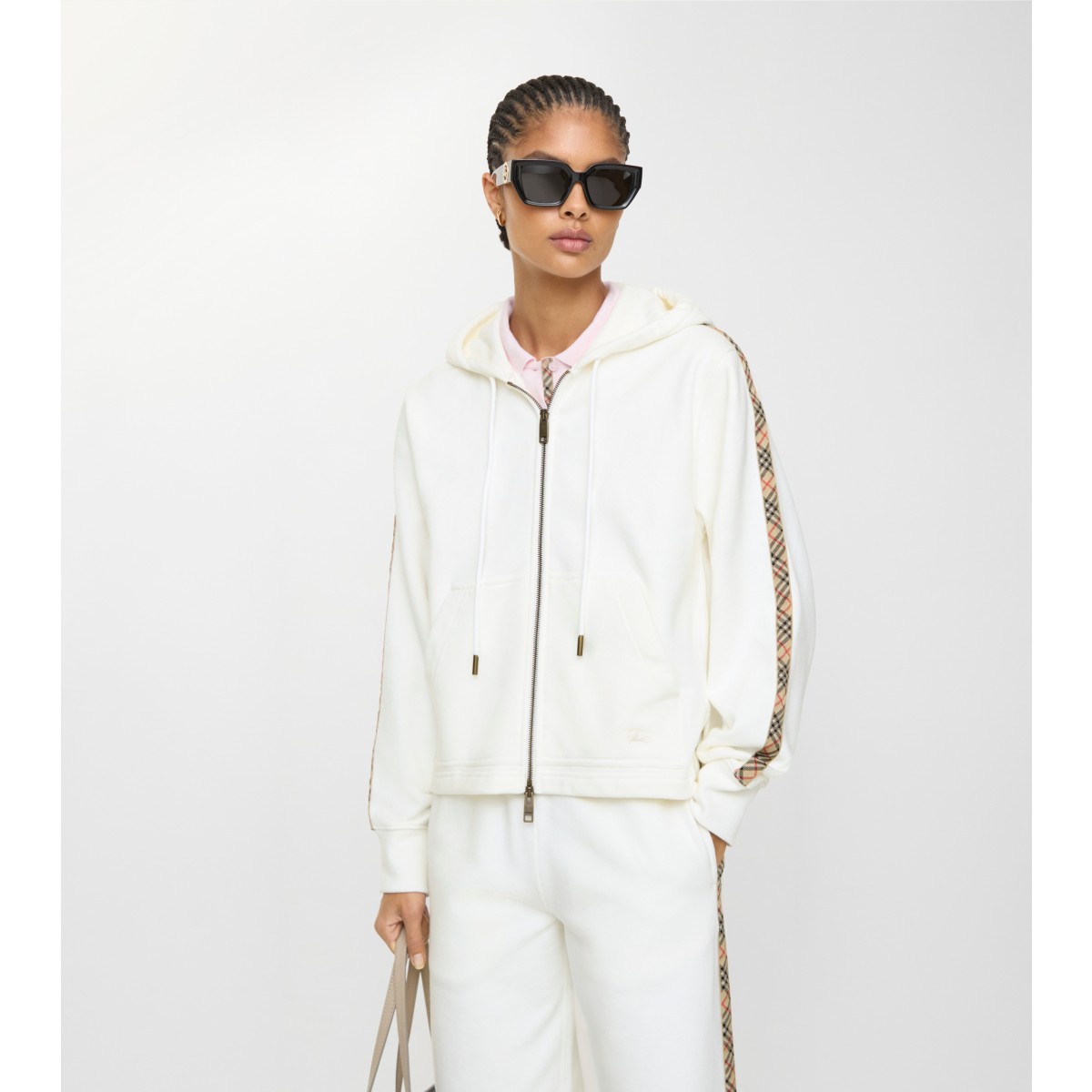  Check Trim Cotton Zip Hoodie