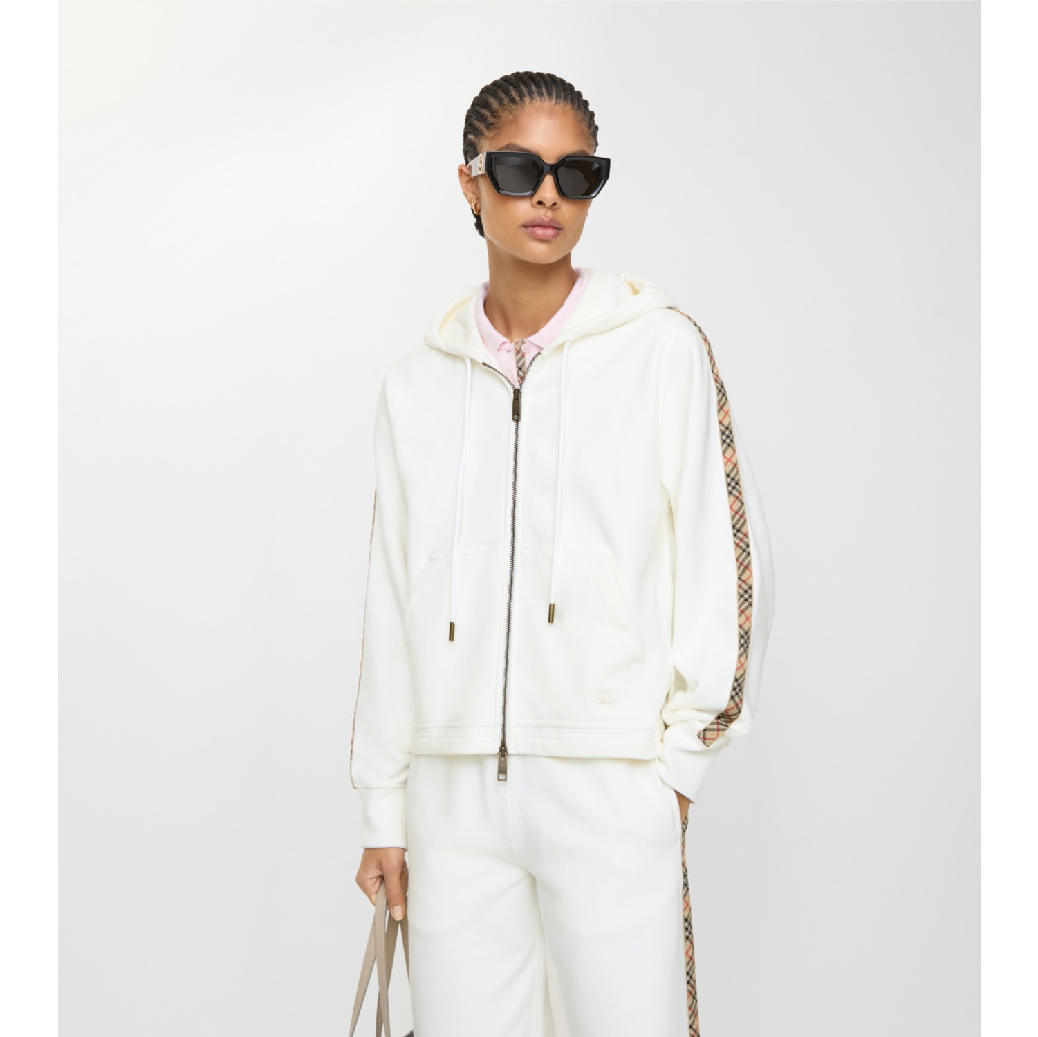 Check Trim Cotton Zip Hoodie