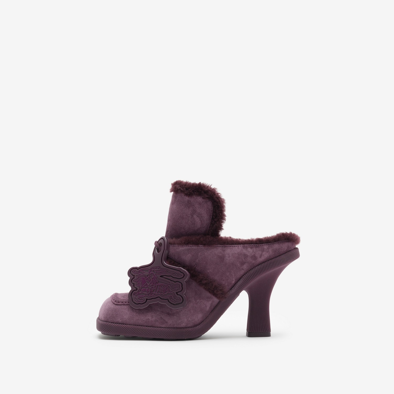 Suede and Shearling Highland Mules in Aubergine - Women | Burberry® Official