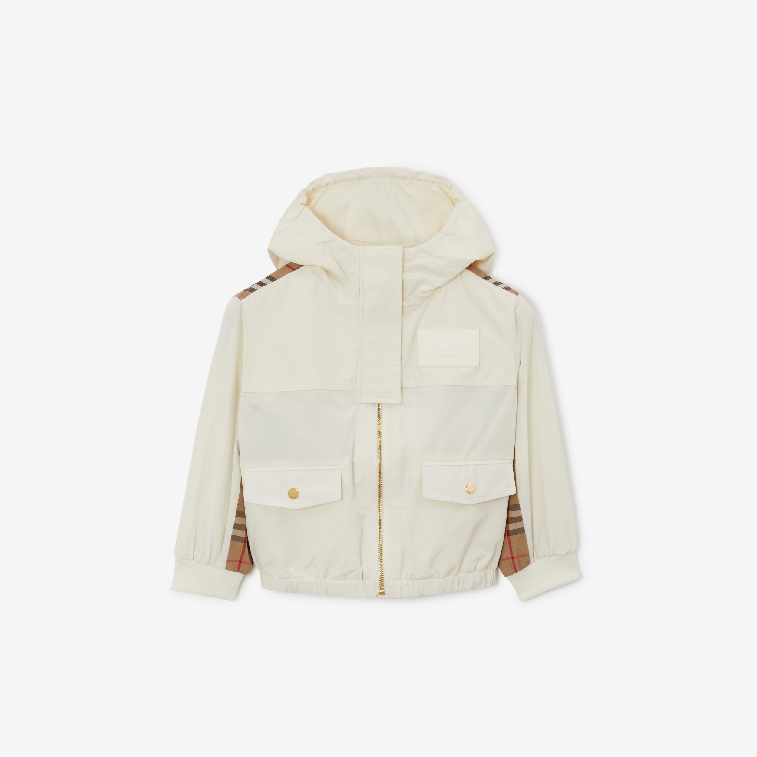 Check Panel Cotton Blend Hooded Jacket in Pale Cream | Burberry® Official - 1