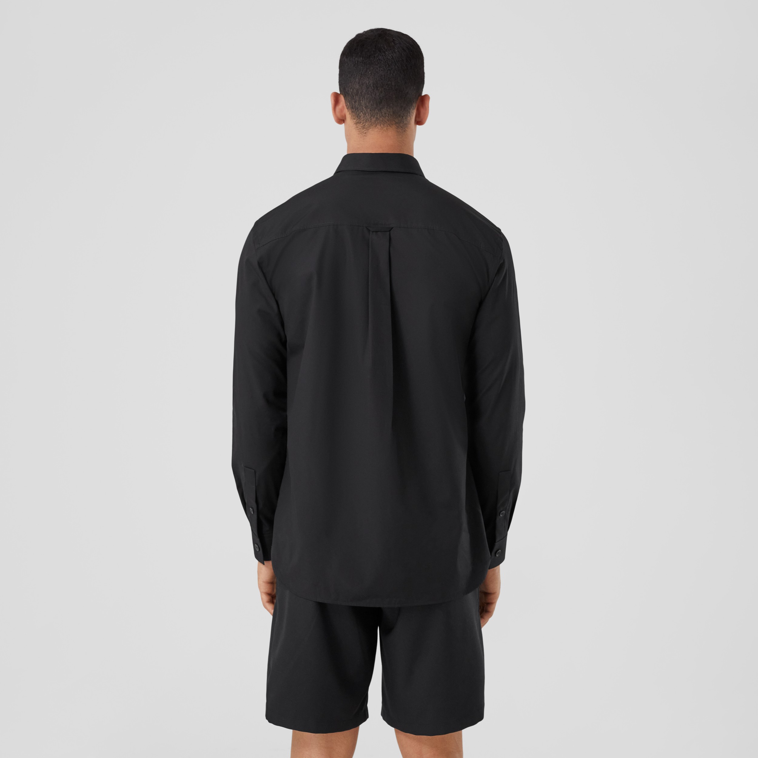 Embroidered Oak Leaf Crest Stretch Cotton Shirt in Black - Men | Burberry® Official - 3