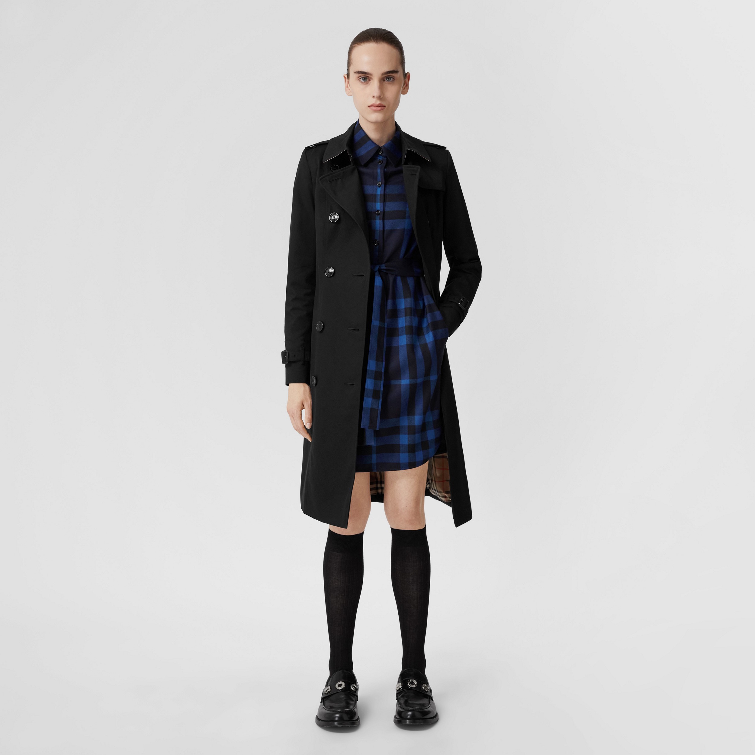 Night Check Wool Tie-waist Shirt Dress (Dark Charcoal Blue) - 여성 | Burberry® - 1