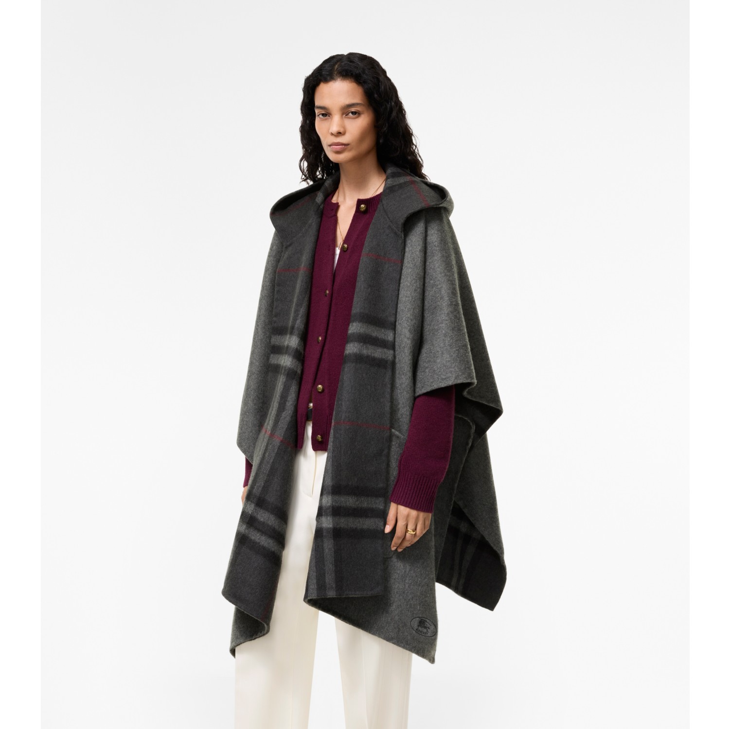 Reversible Check Cashmere Hooded Cape