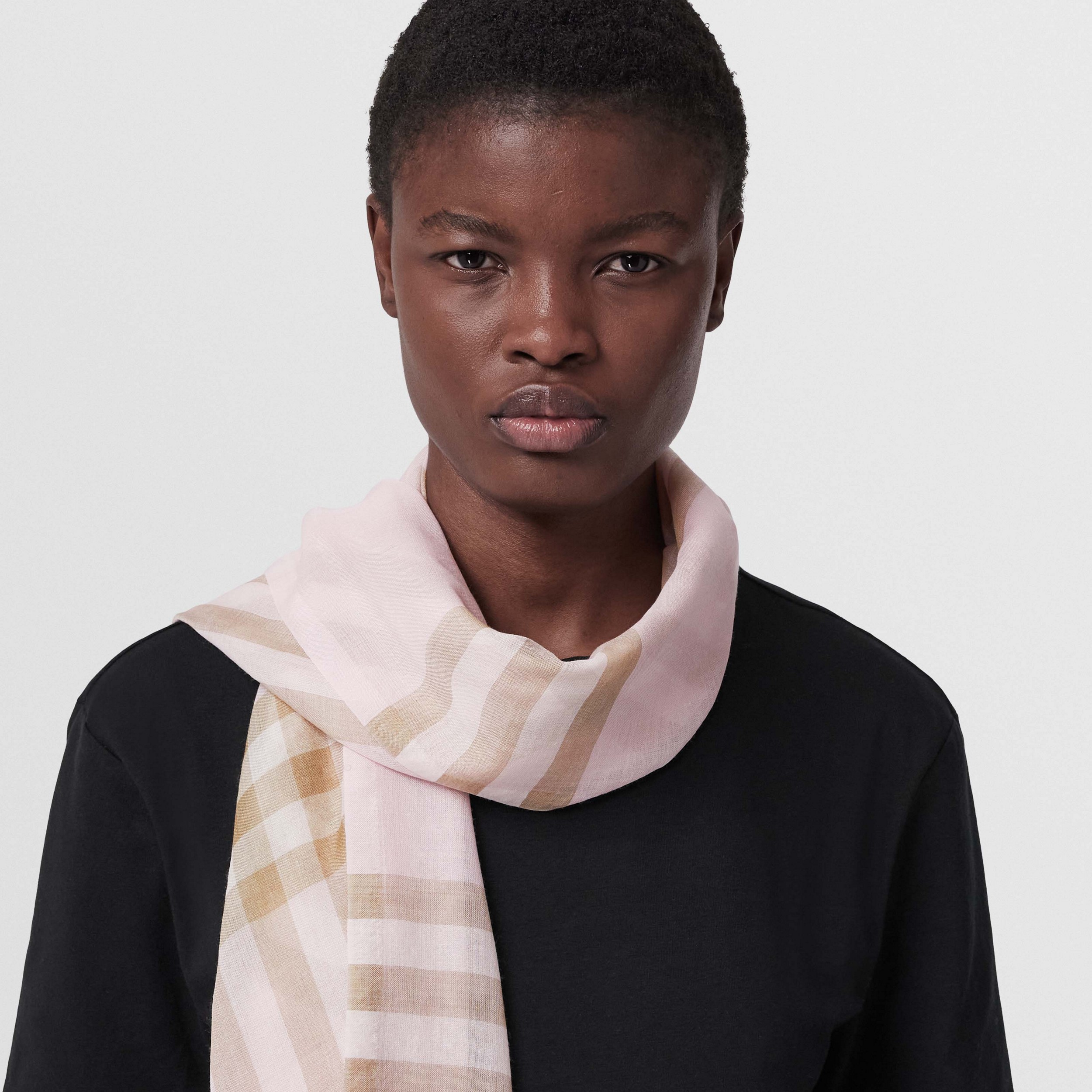 Lightweight Check Wool Silk Scarf in Alabaster | Burberry® Official - 3