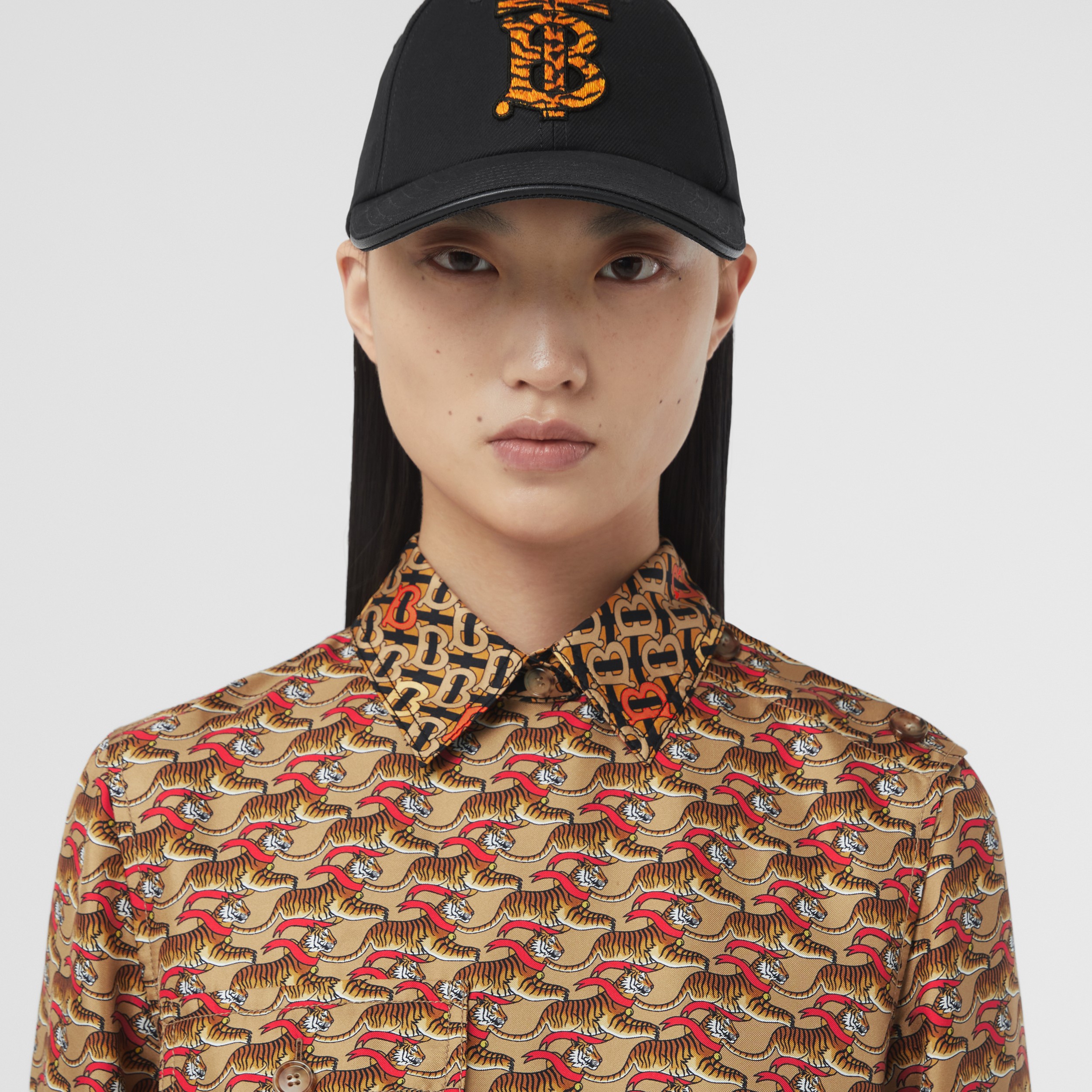 Tiger Graphic and Monogram Silk Shirt Dress in Honey Beige - Women | Burberry® Official - 2