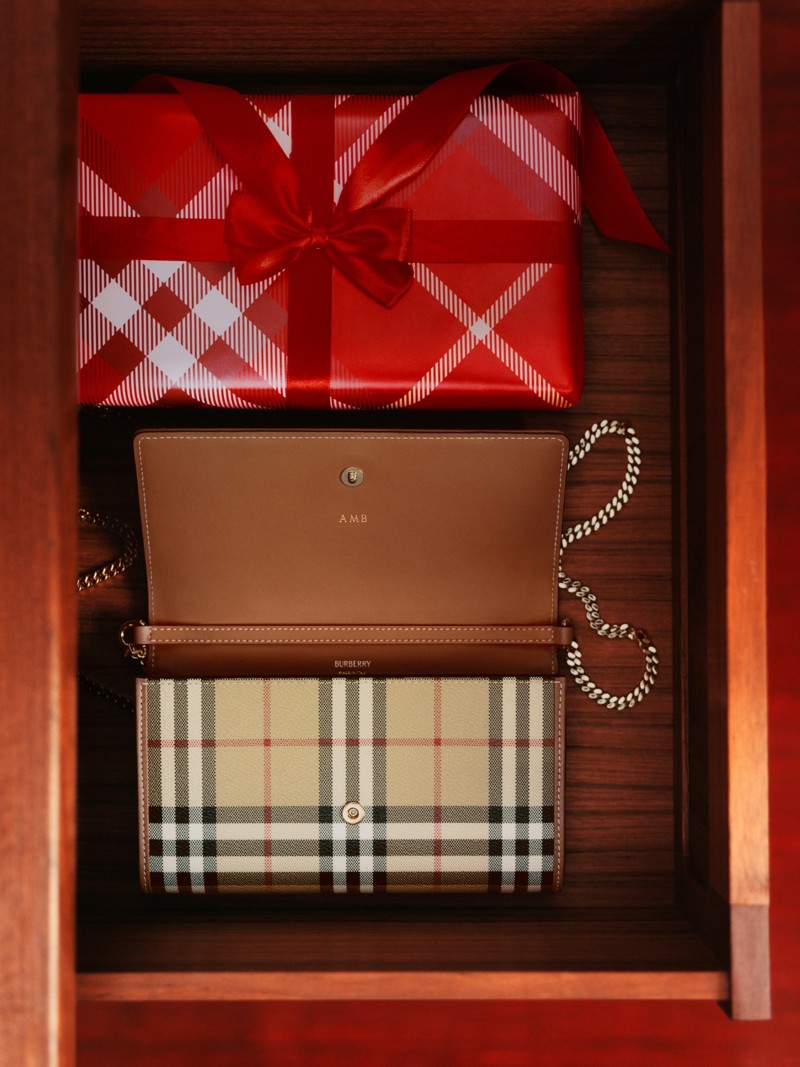 Burberry Check Chain Strap Wallet in colour Archive Beige personalised with initials for Festive Gifting