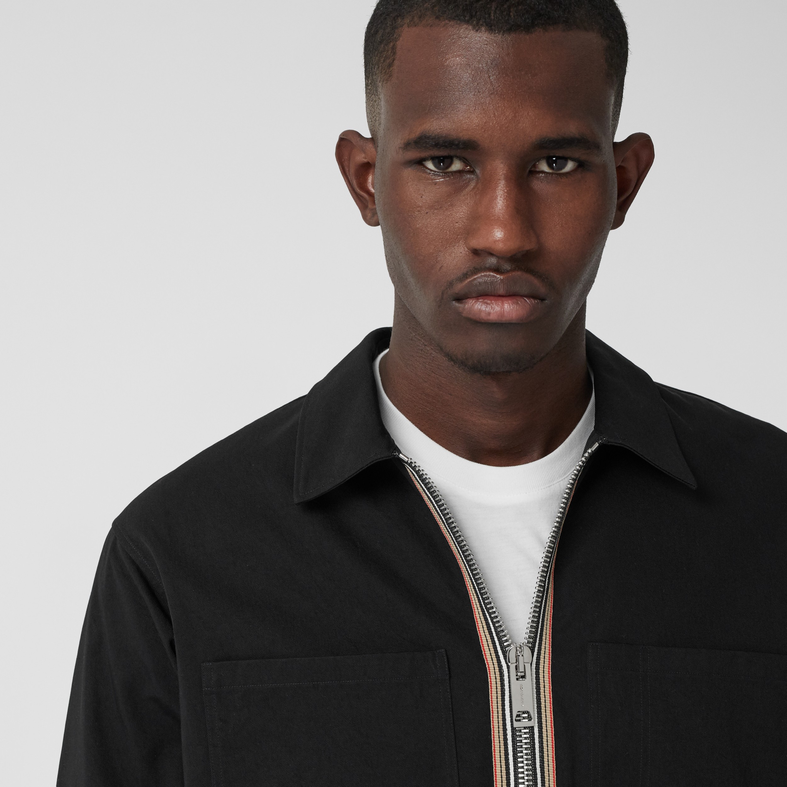 Stripe Detail Technical Twill Zipfront Shirt in Black Men Burberry