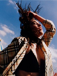 Shot of Alexa Chung wearing Burberry Check Shirt and Bikini top