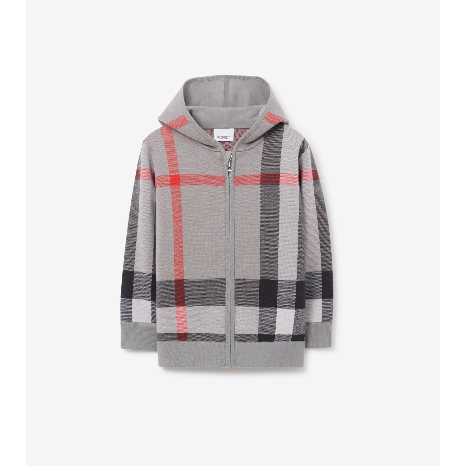 Check Wool Zip Hoodie in Cool Charcoal Grey Burberry Official