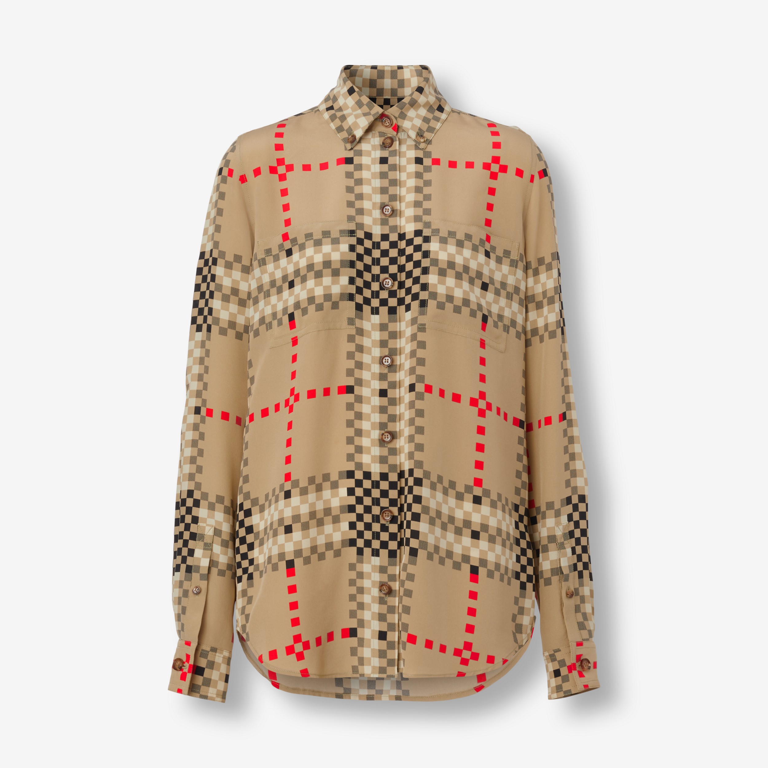 Camisa de crepe de chine de seda Mulberry em xadrez pixelado (Bege Clássico) - Mulheres | Burberry® oficial - 1