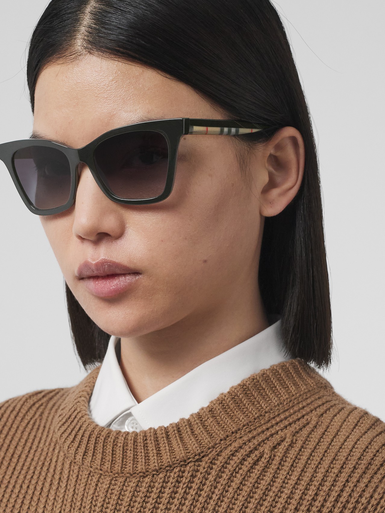 Check Detail Bio-acetate Square Frame Sunglasses in Black/beige