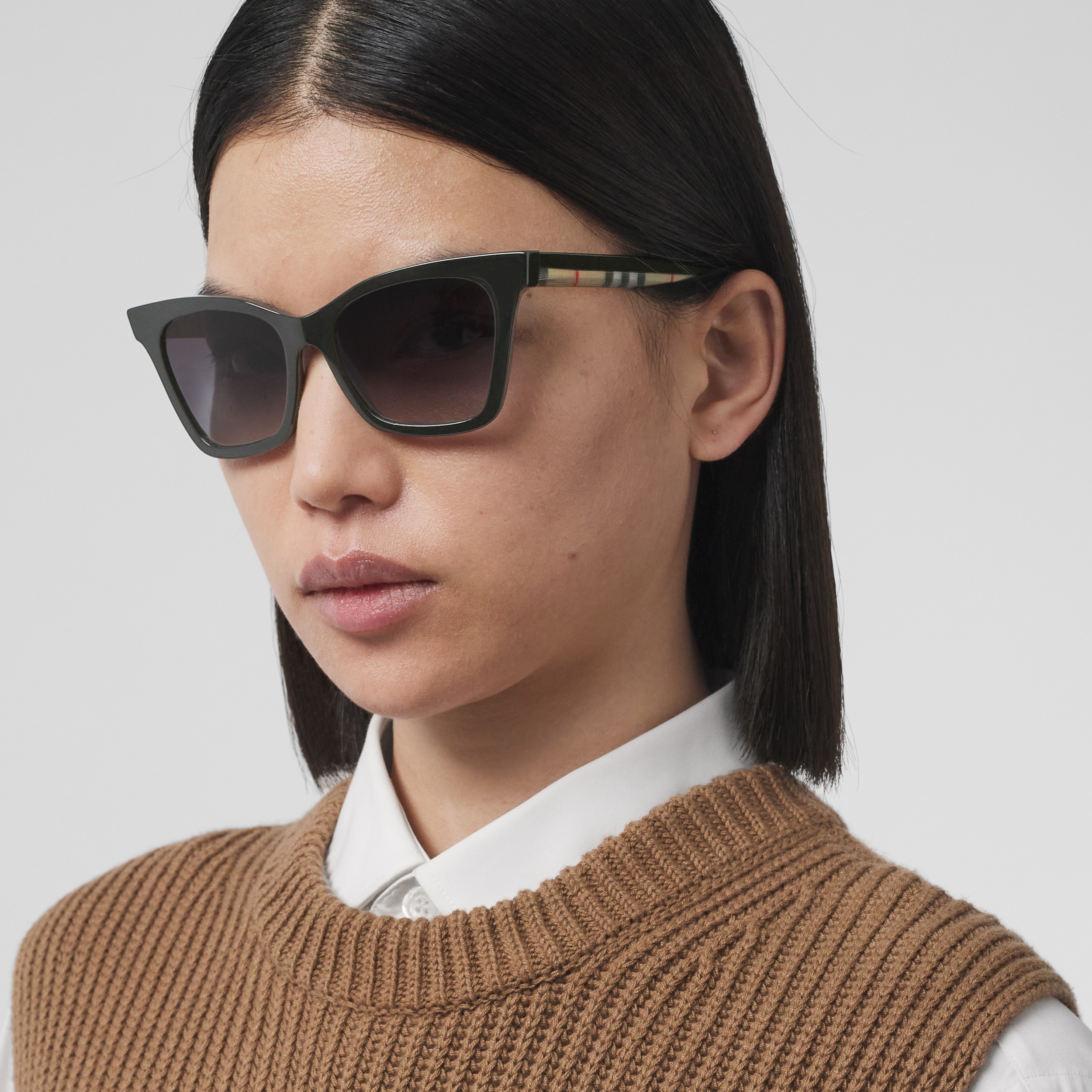 Check Detail Square Frame Sunglasses in Black/beige - Women | Burberry®  Official