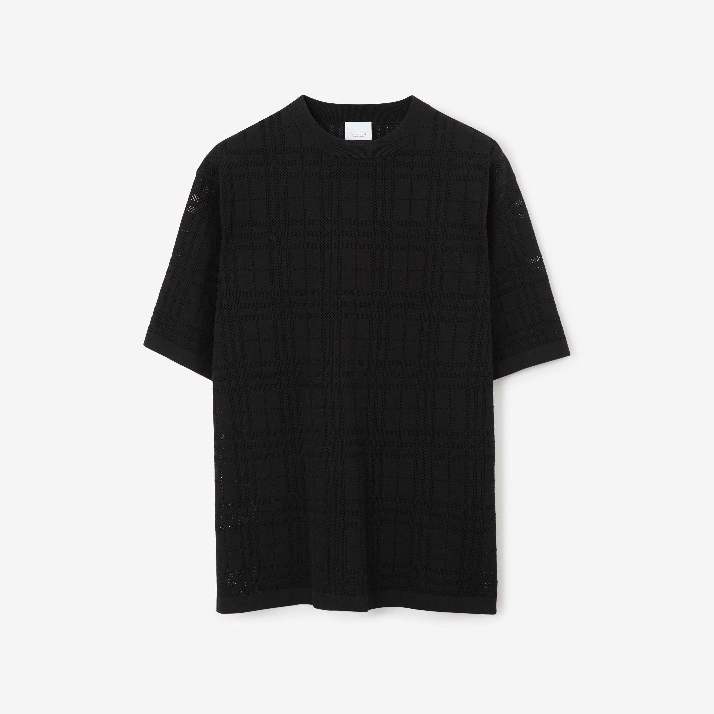 Check Technical Cotton Oversized T-shirt in Black - Men | Burberry® Official - 1