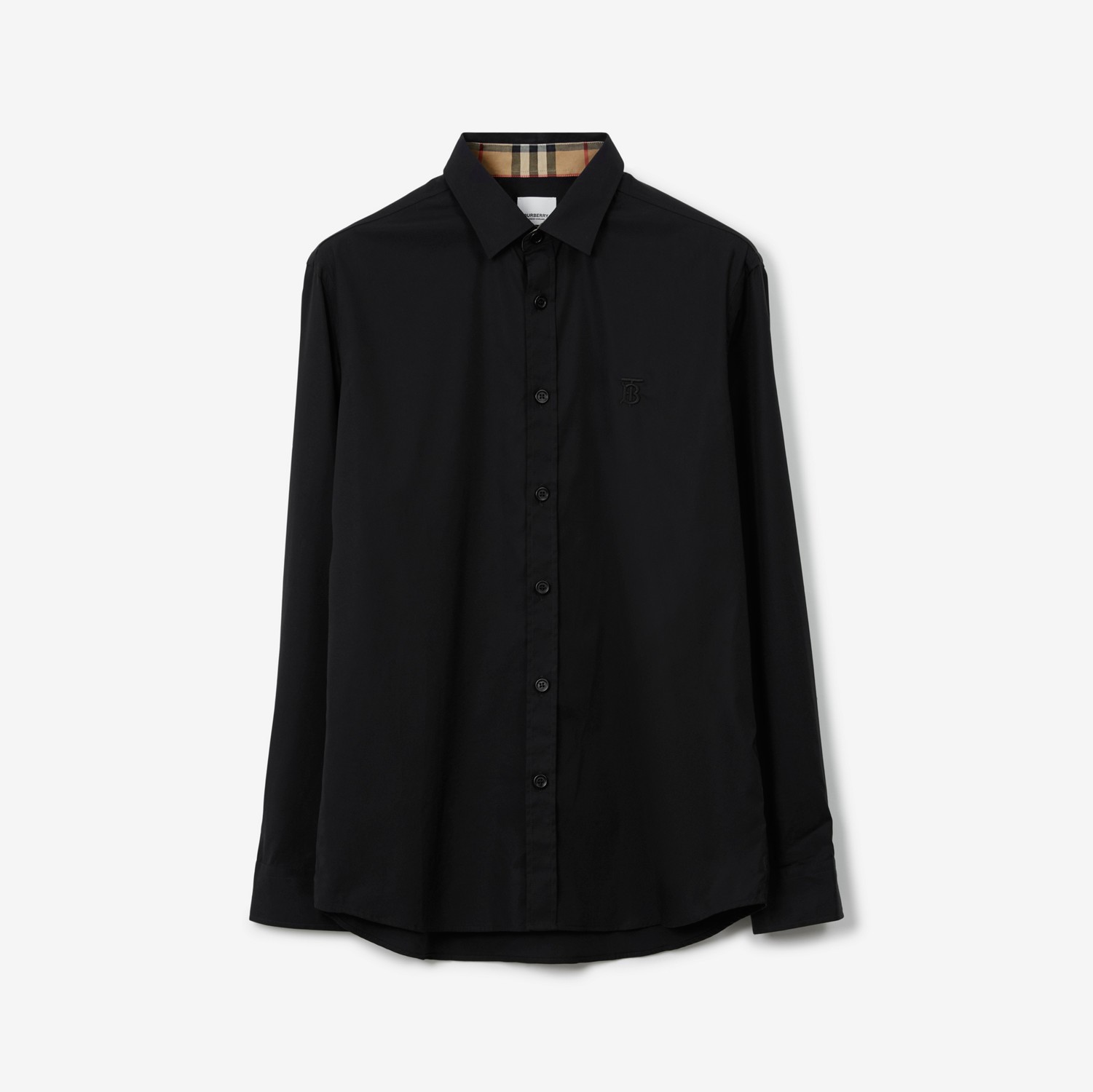 슬림핏 모노그램 모티프 스트레치 코튼 포플린 셔츠 (블랙) - 남성 | Burberry®