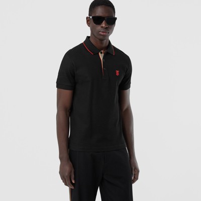 Icon Stripe Placket Cotton Piqué Polo Shirt in Black - Men 