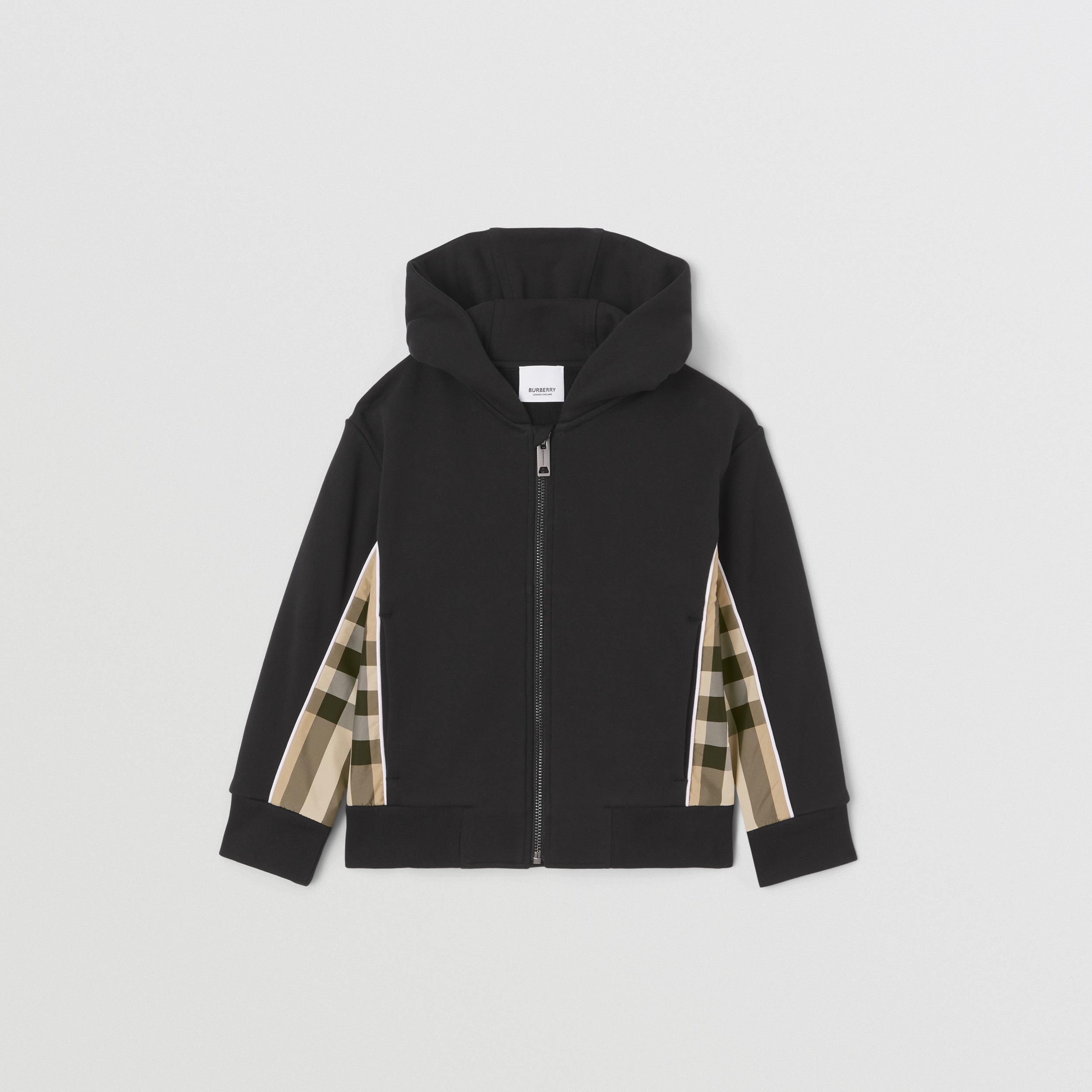 Check Panel Cotton Hooded Top in Black | Burberry® Official - 1