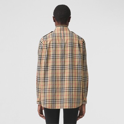 Strap Detail Vintage Check Cotton Oversized Shirt in Archive Beige 