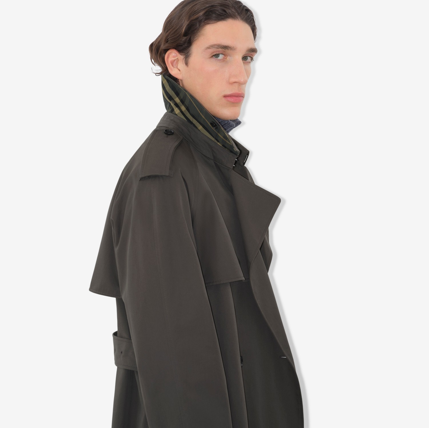 Long Gabardine Trench Coat in Graphite - Men, Cotton Long Gabardine Trench Coat in Graphite - Men, Cotton