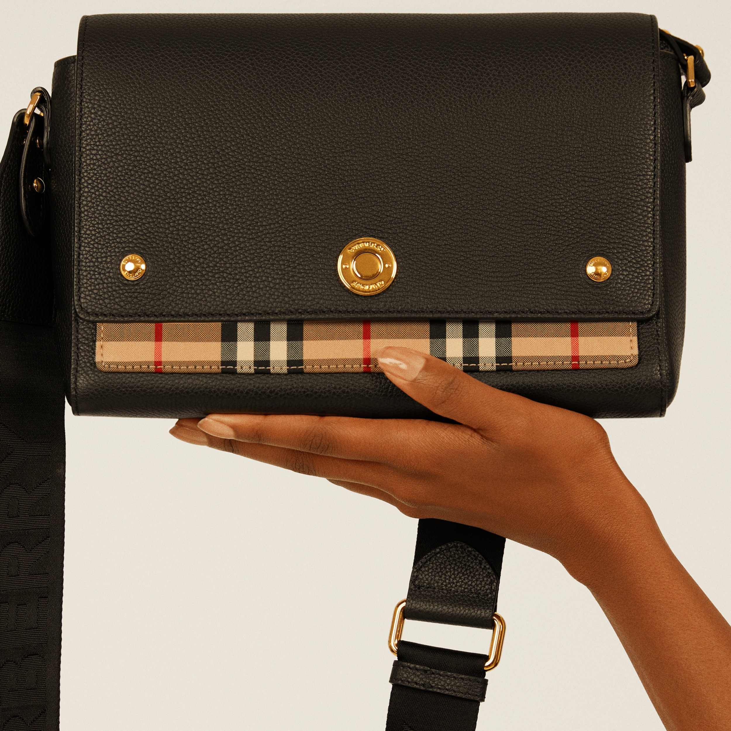 Leather and Vintage Check Note Crossbody Bag in Black Women