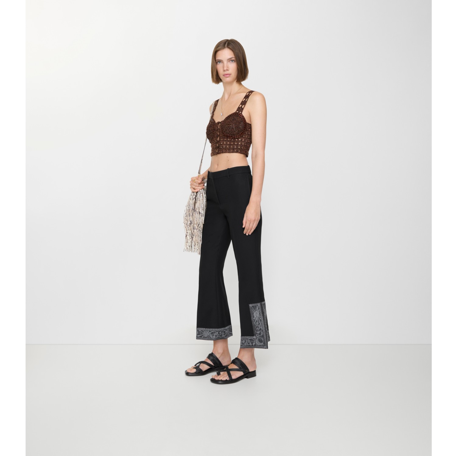Cropped Embroidered Wool Silk Flared Trousers