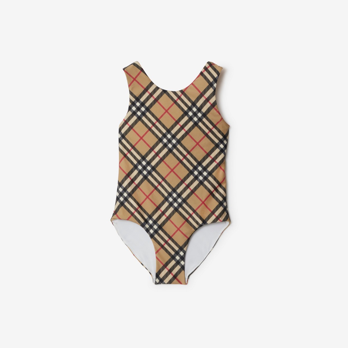 Shop Burberry Childrens Check Swimsuit In Archive Beige