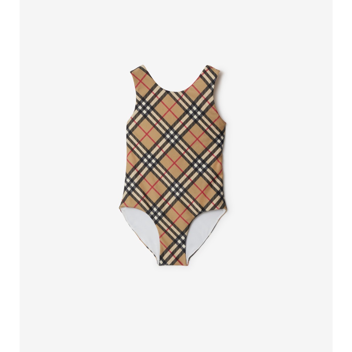 Shop Burberry Childrens Check Swimsuit In Archive Beige