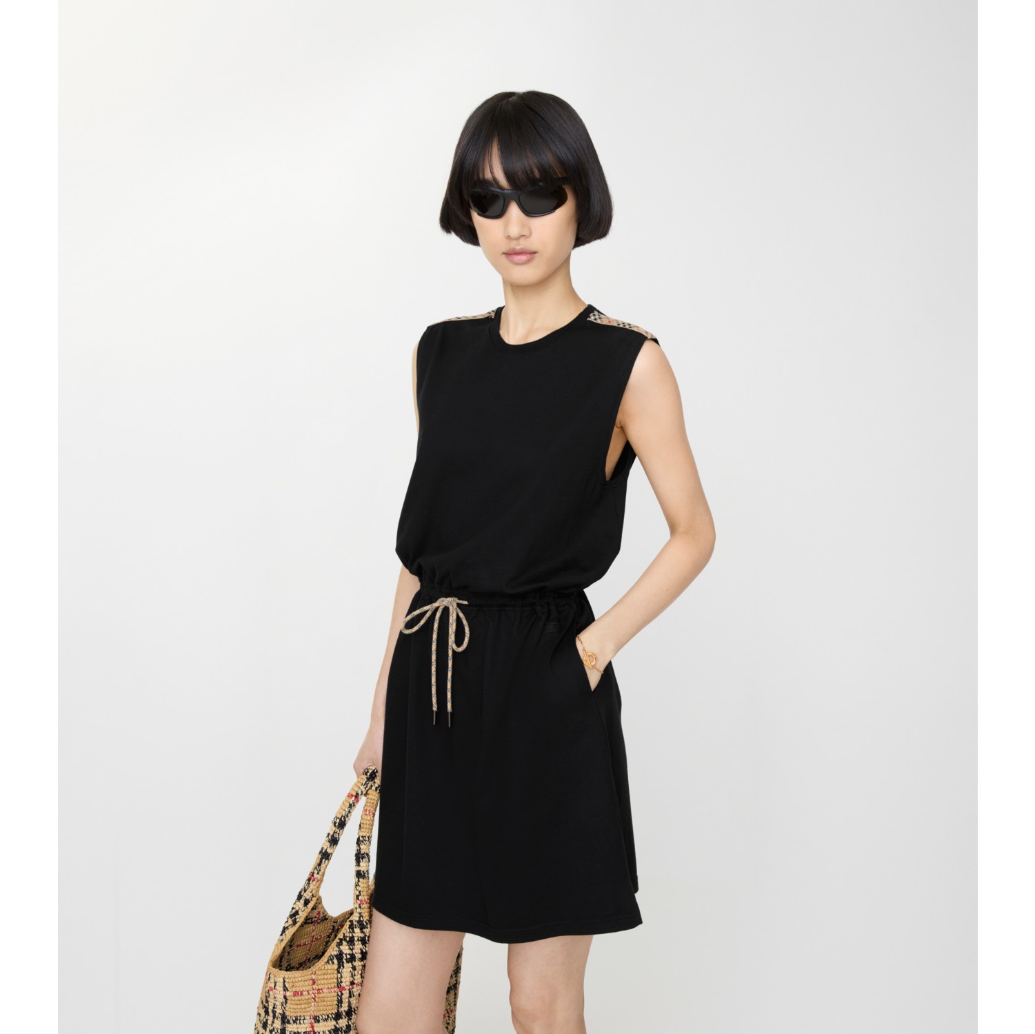 Check Trim Cotton Jersey Dress