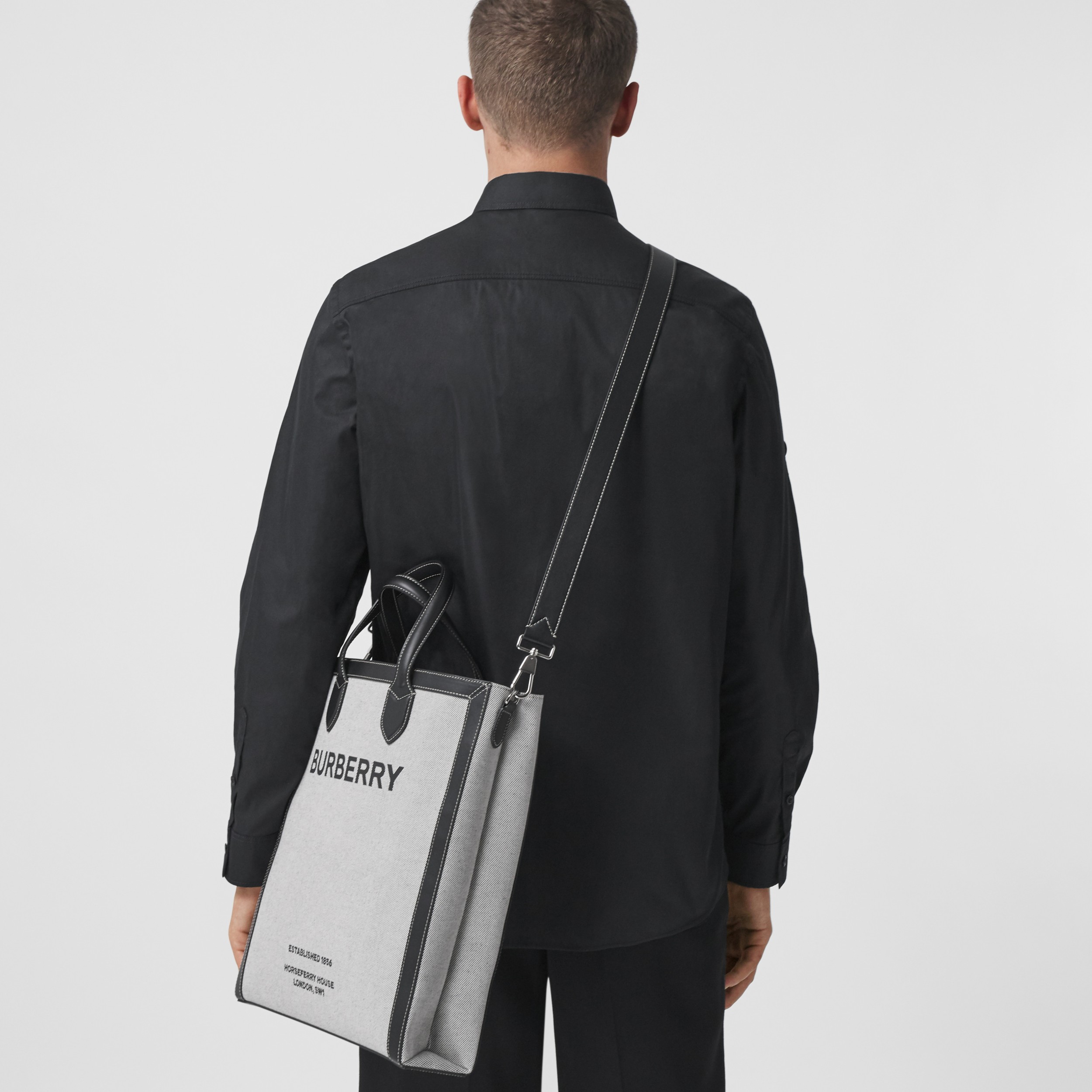 Horseferry Print Canvas and Leather Tote in Black Burberry United States