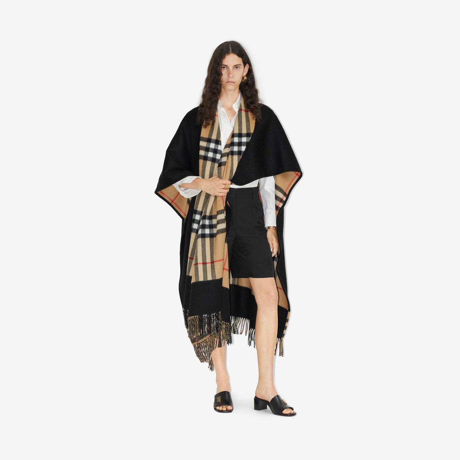 リバーシブル チェック ウールカシミアケープ (ブラック リバーシブル チェック ウールカシミアケープ (ブラック