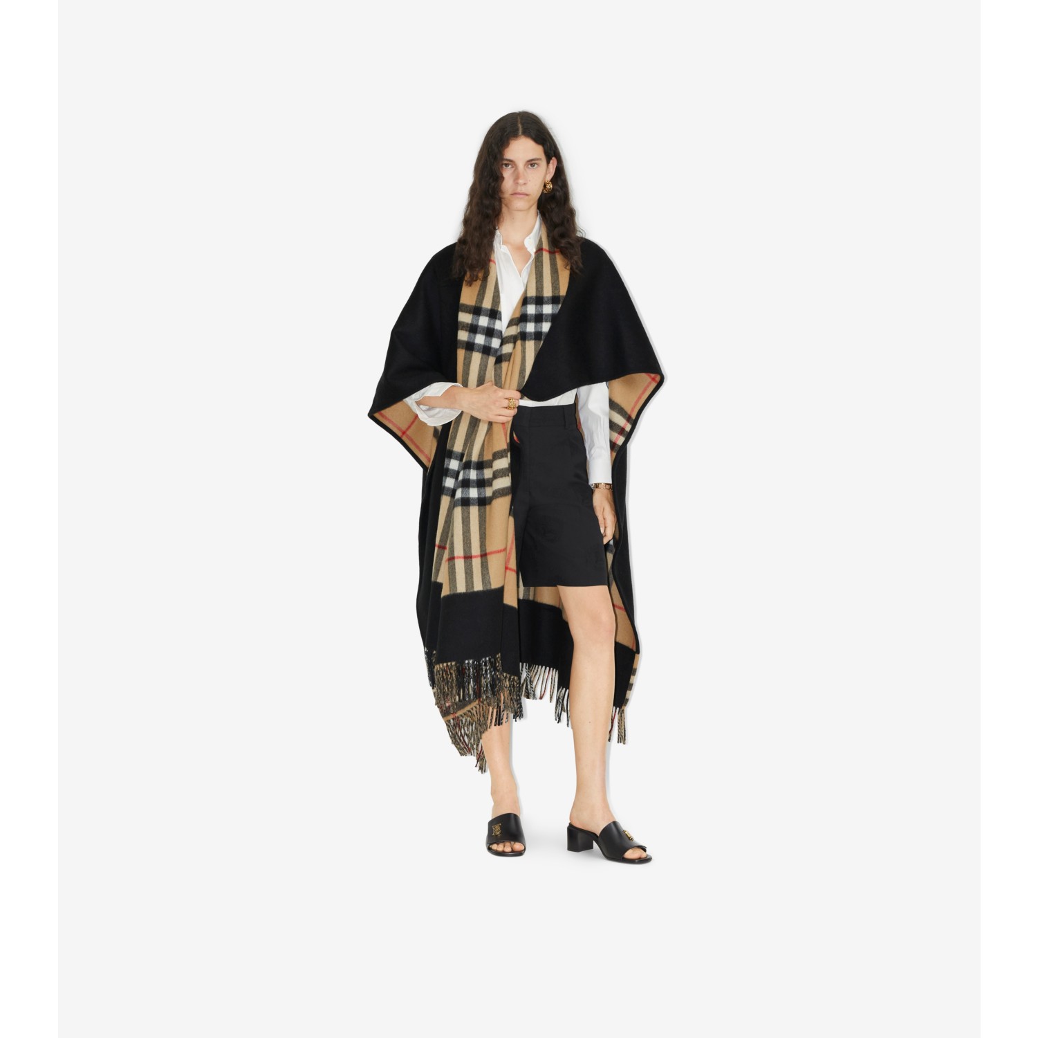 Reversible Check Wool Cashmere Cape