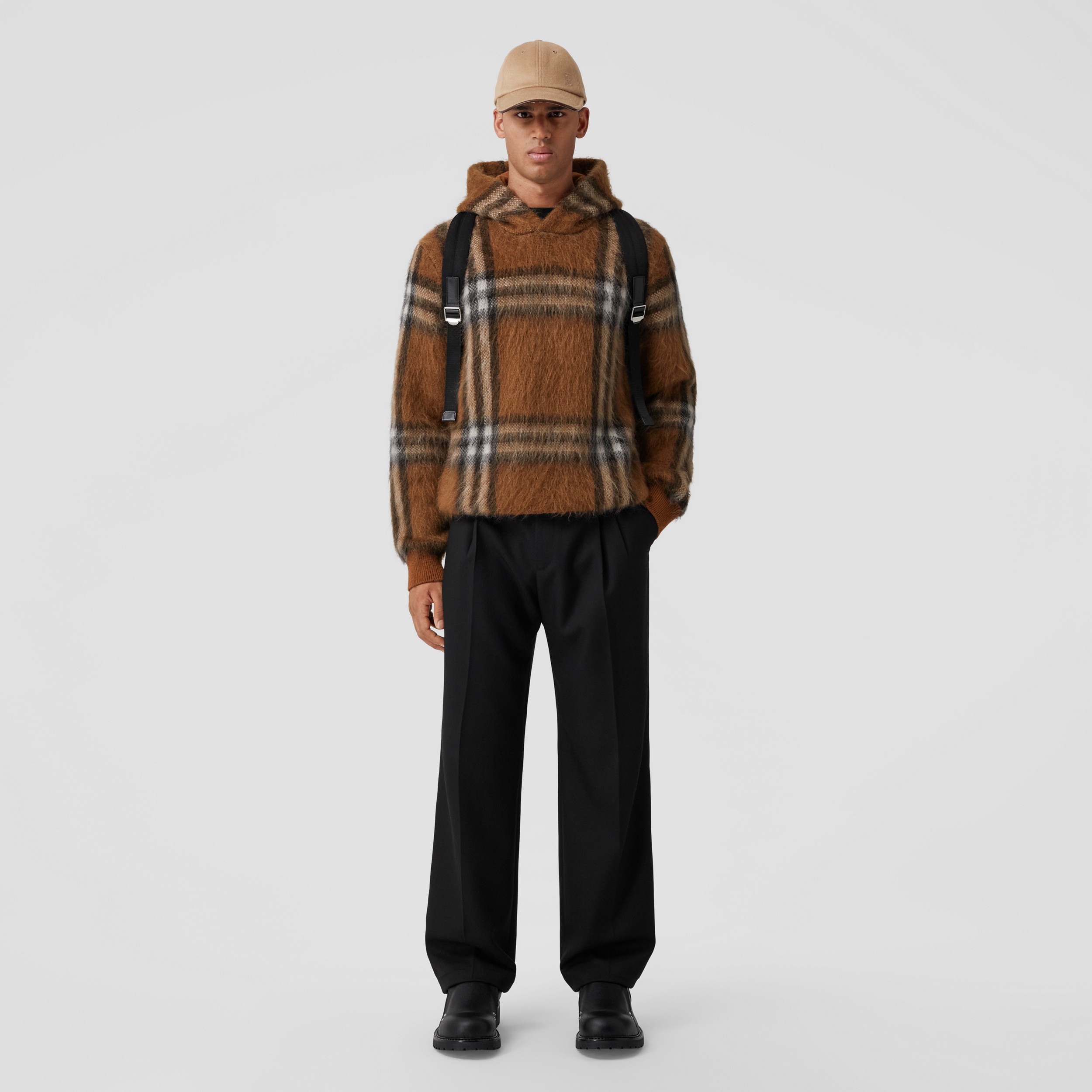 Exaggerated Check Wool Mohair Blend Hoodie in Dark Birch Brown - Men | Burberry® Official - 4