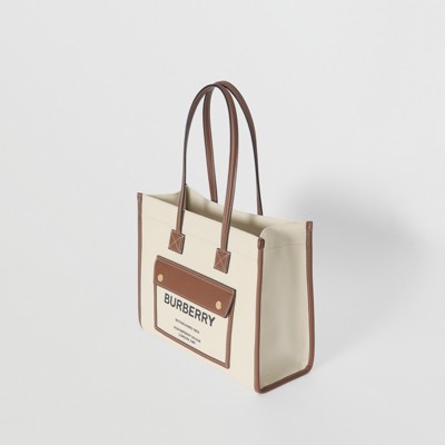 Small Two-tone Canvas and Leather Freya Tote in Natural/tan 