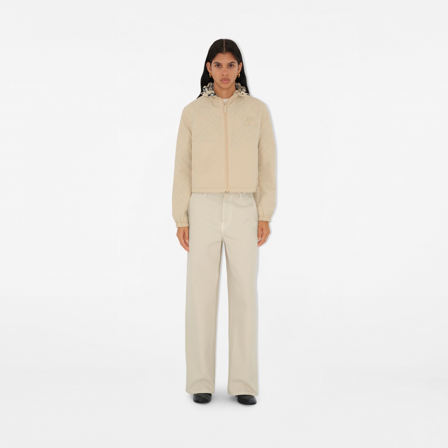 Cropped Reversible Check Hooded Jacket in Ecru - Women Cropped Reversible Check Hooded Jacket in Ecru - Women