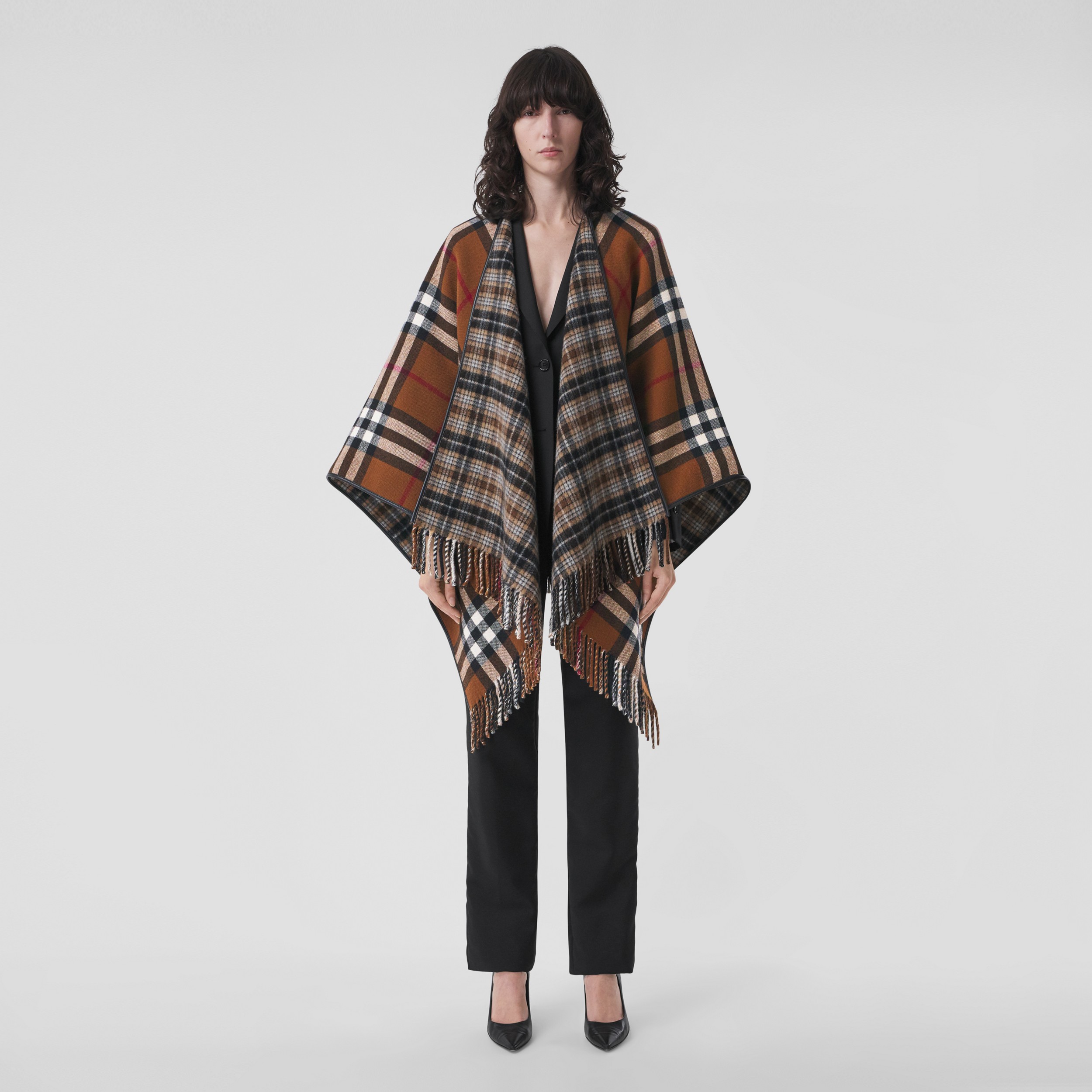 Reversible Check Wool Cape in Birch Brown/black - Women | Burberry® Official - 1