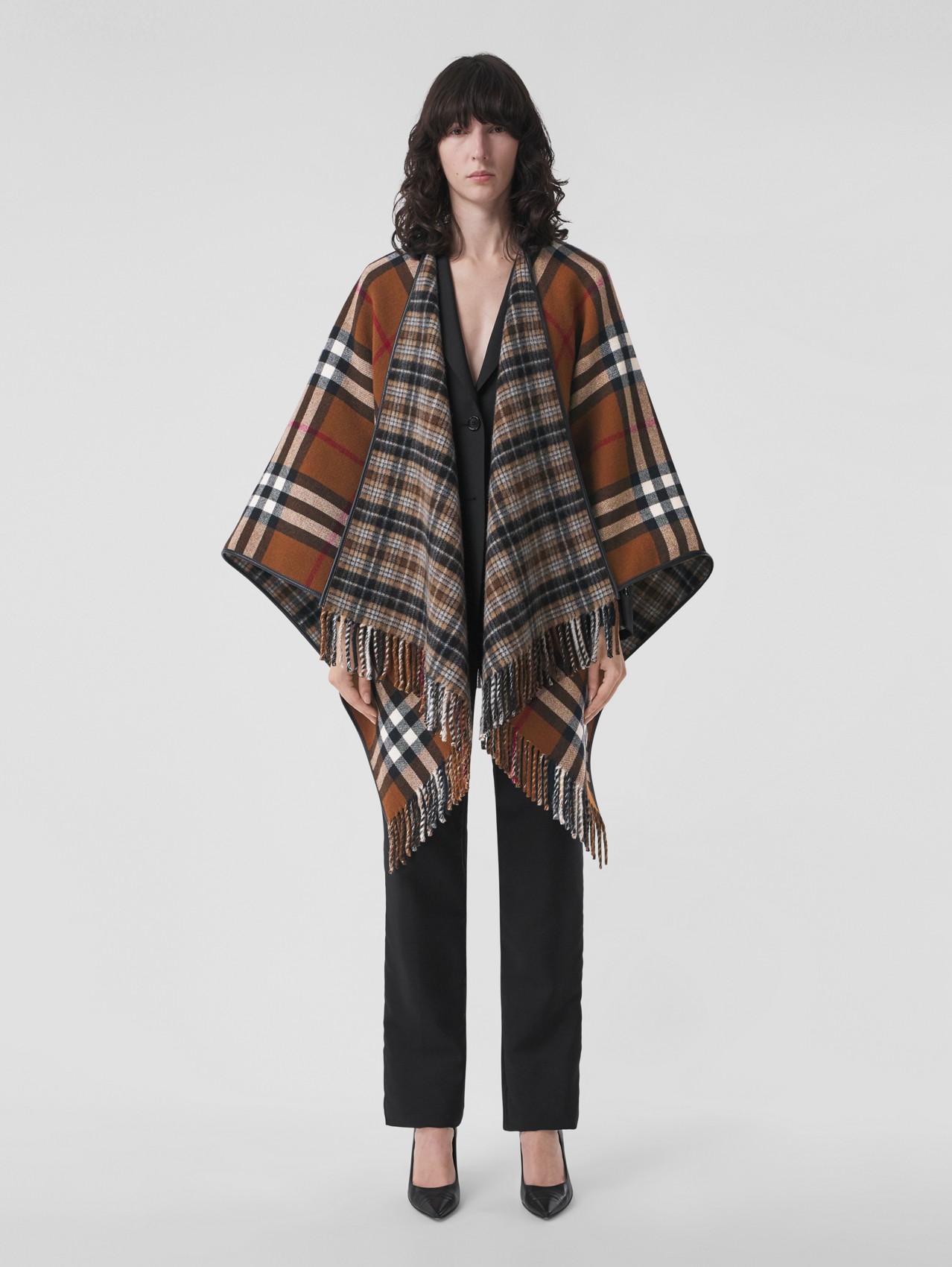 Reversible Check Wool Cape in Birch Brown/black