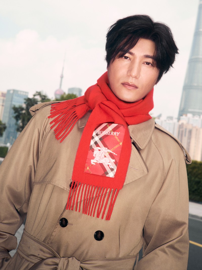 Shot of Model wearing Burberry Trench Coat and Check Label Cashmere Scarf in colour Crayon Red