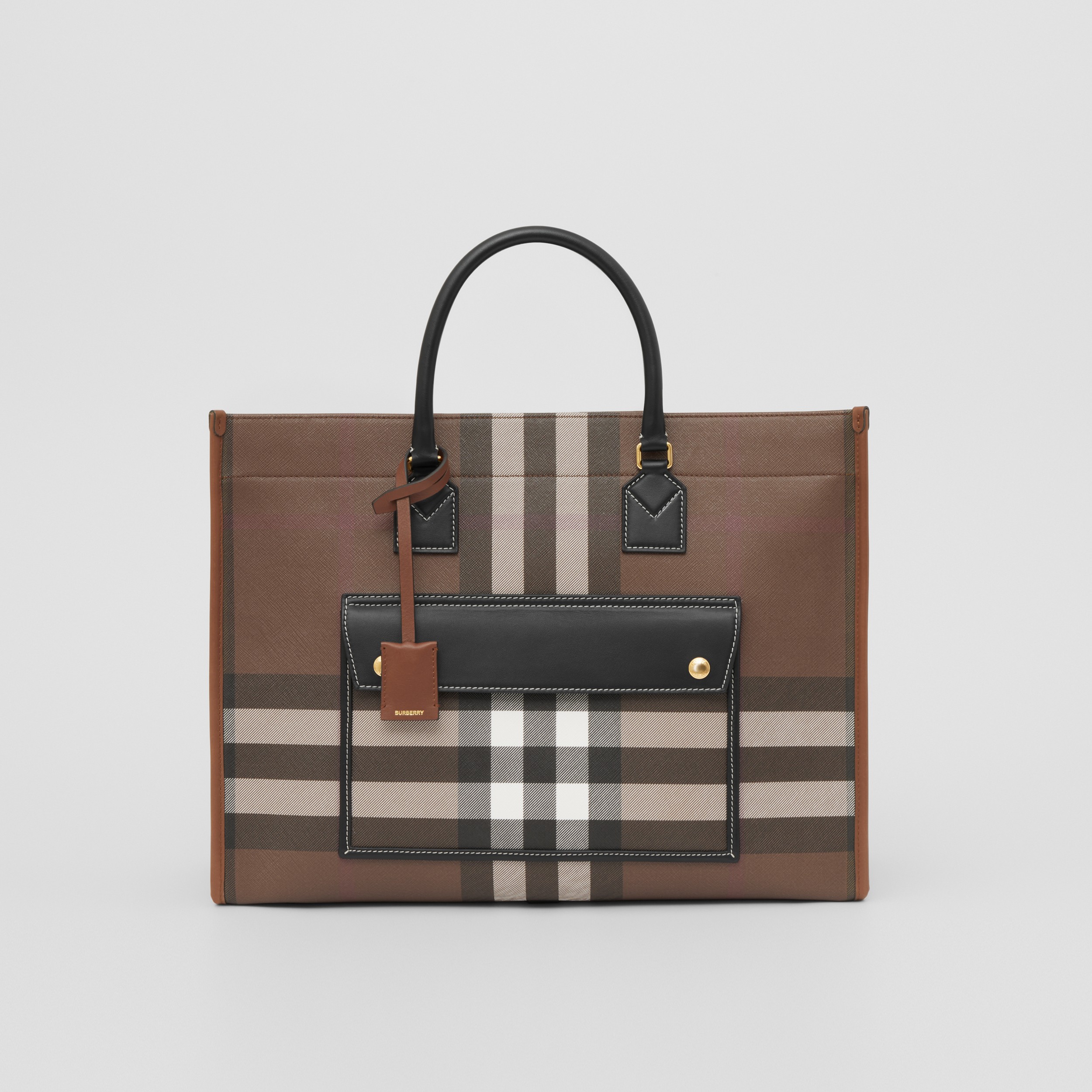 Medium Check and Leather Freya Tote in Dark Birch Brown - Women | Burberry® Official - 1