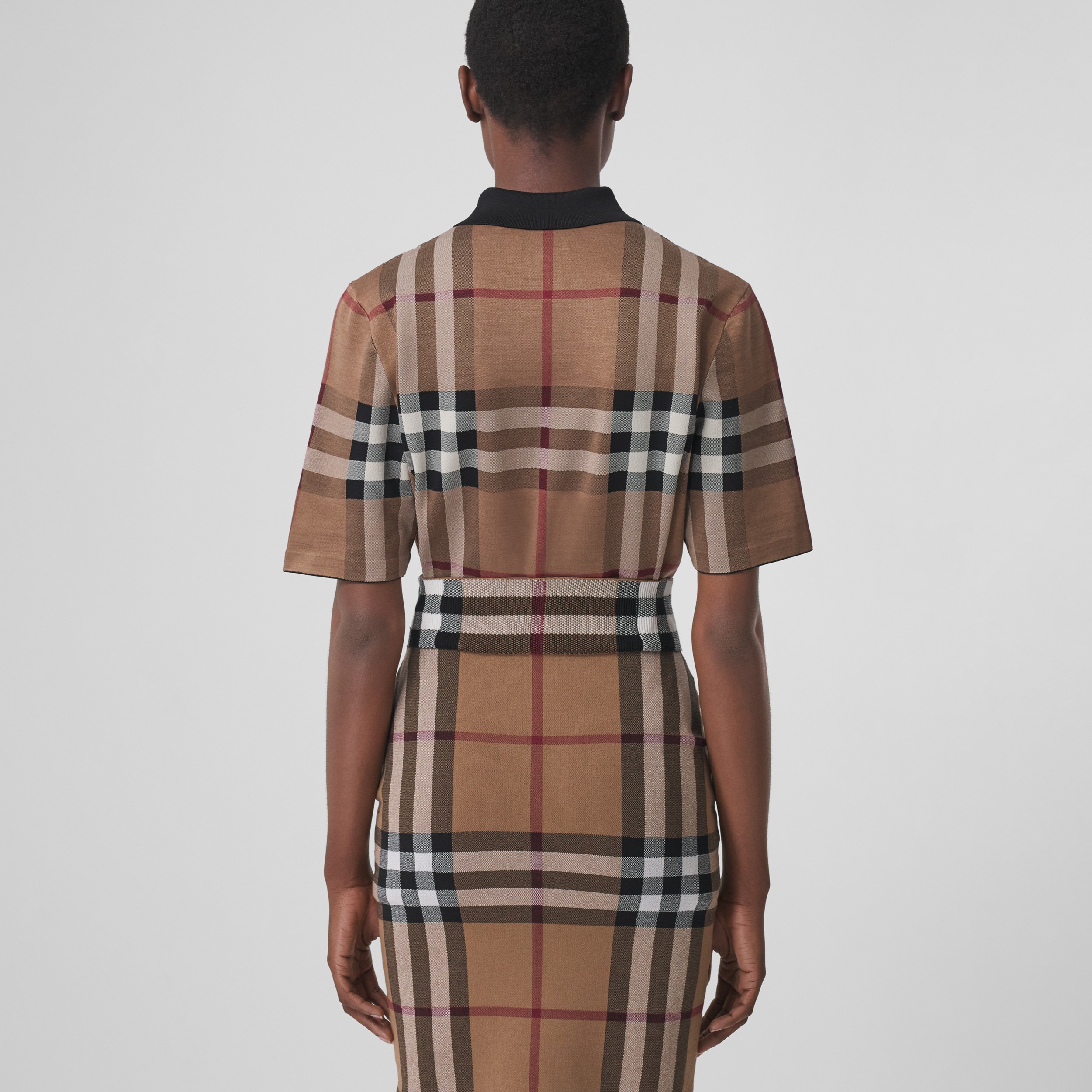 Check Silk Blend Jacquard Polo Shirt in Birch Brown - Women | Burberry® Official - 3