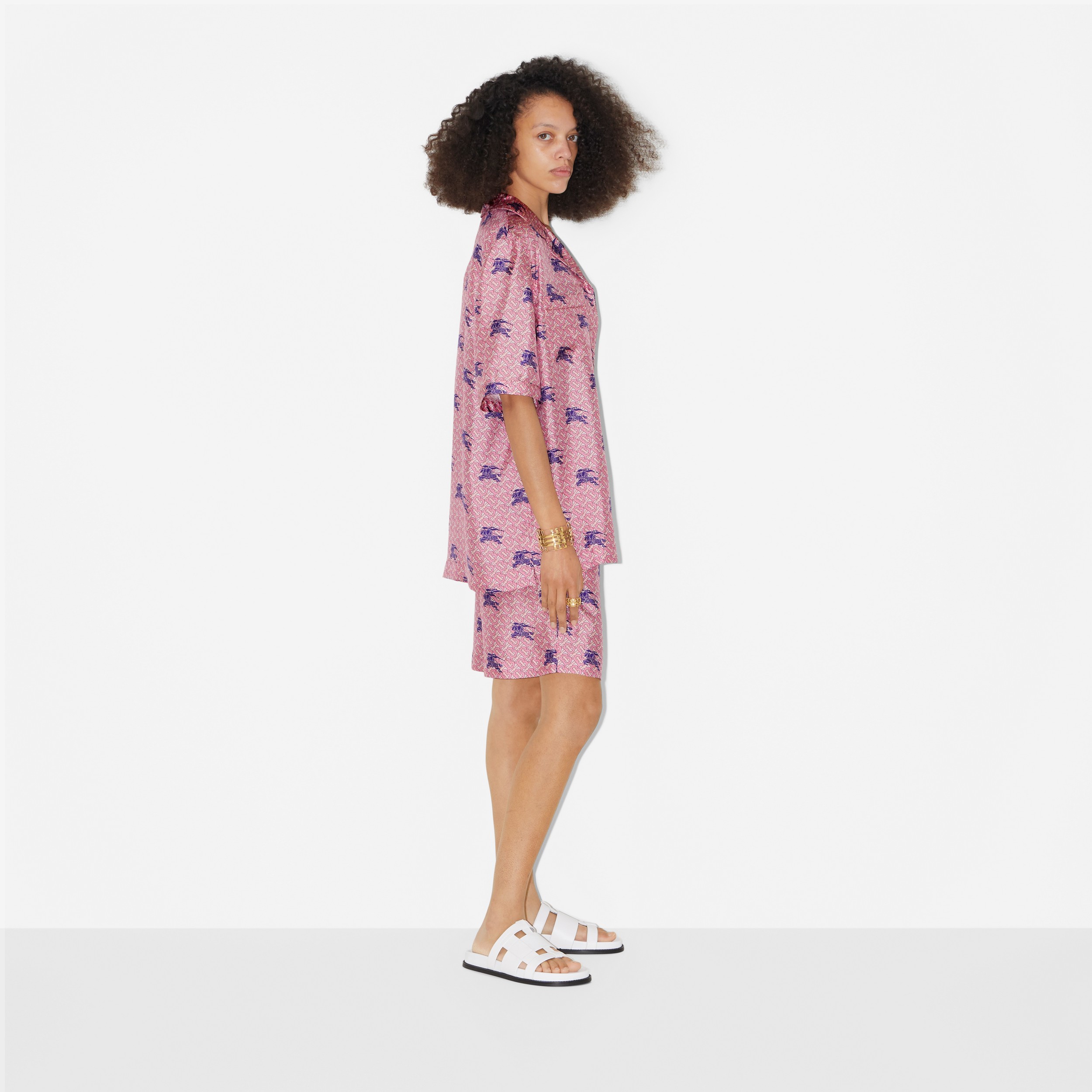 Camisa estilo pijama de seda com estampa de monograma e EKD (Ametista Profundo) - Mulheres | Burberry® oficial - 3