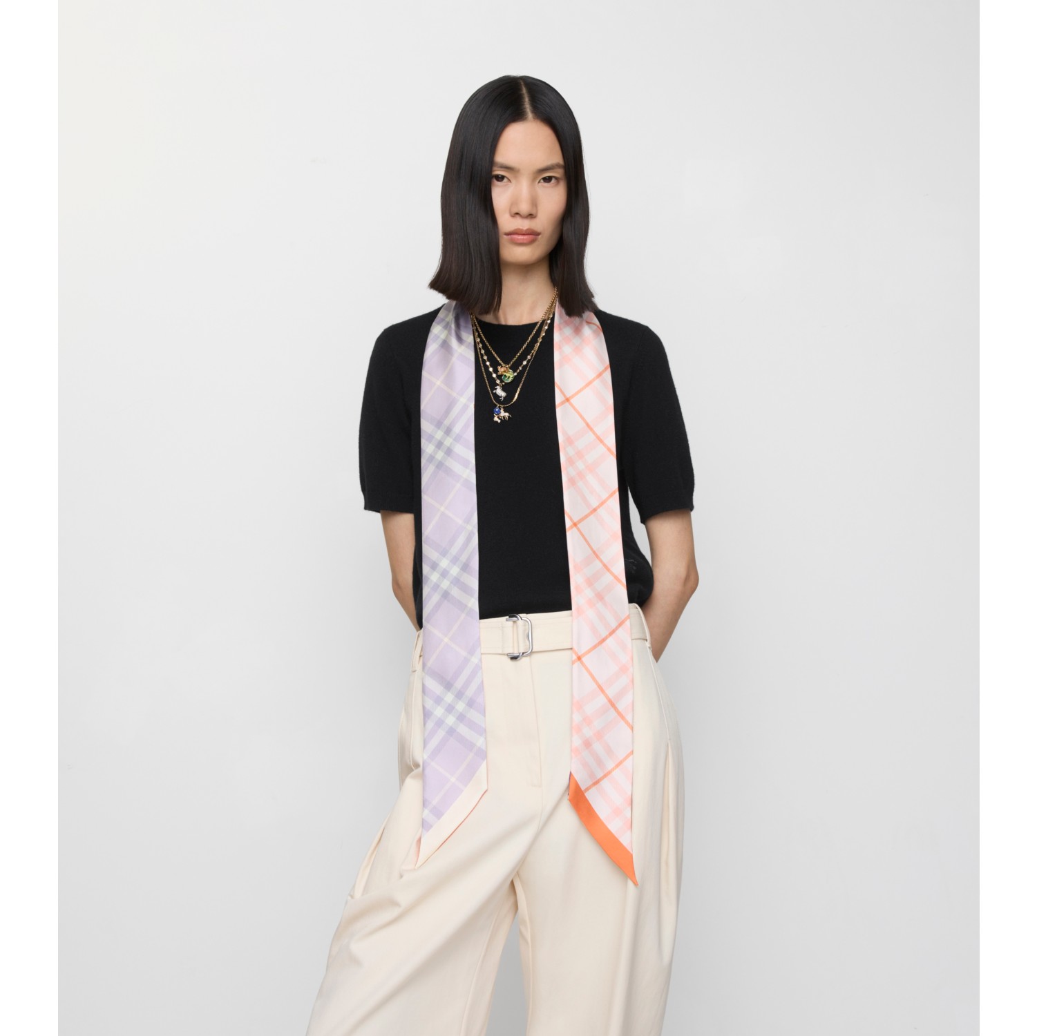 Skinny Contrast Check Silk Scarf