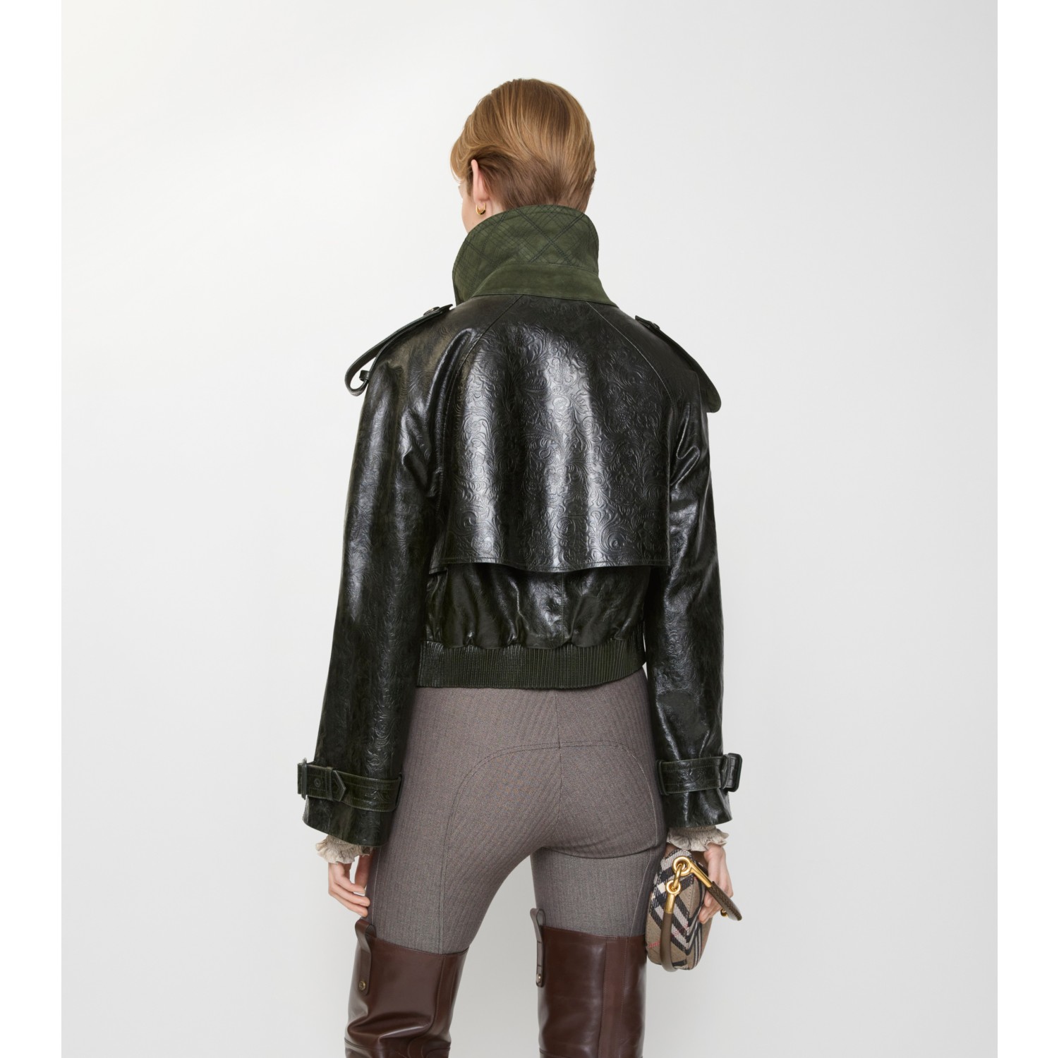 Cropped Embossed Leather Trench Jacket in Moat green - Women, Suede | Burberry® Official