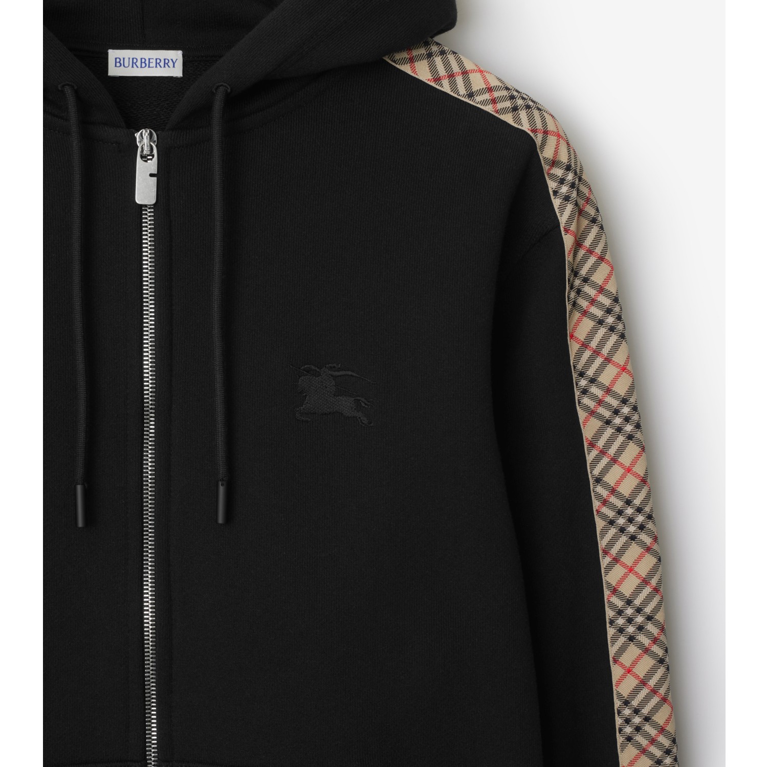 Check Trim Cotton Zip Hoodie