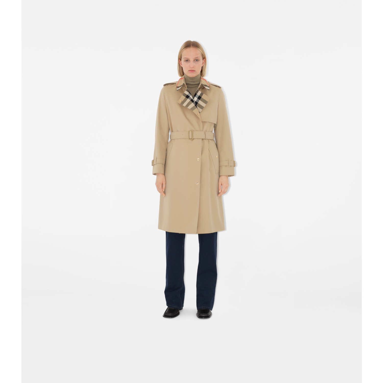 Long Check Collar Gabardine Trench Coat in Honey - Women