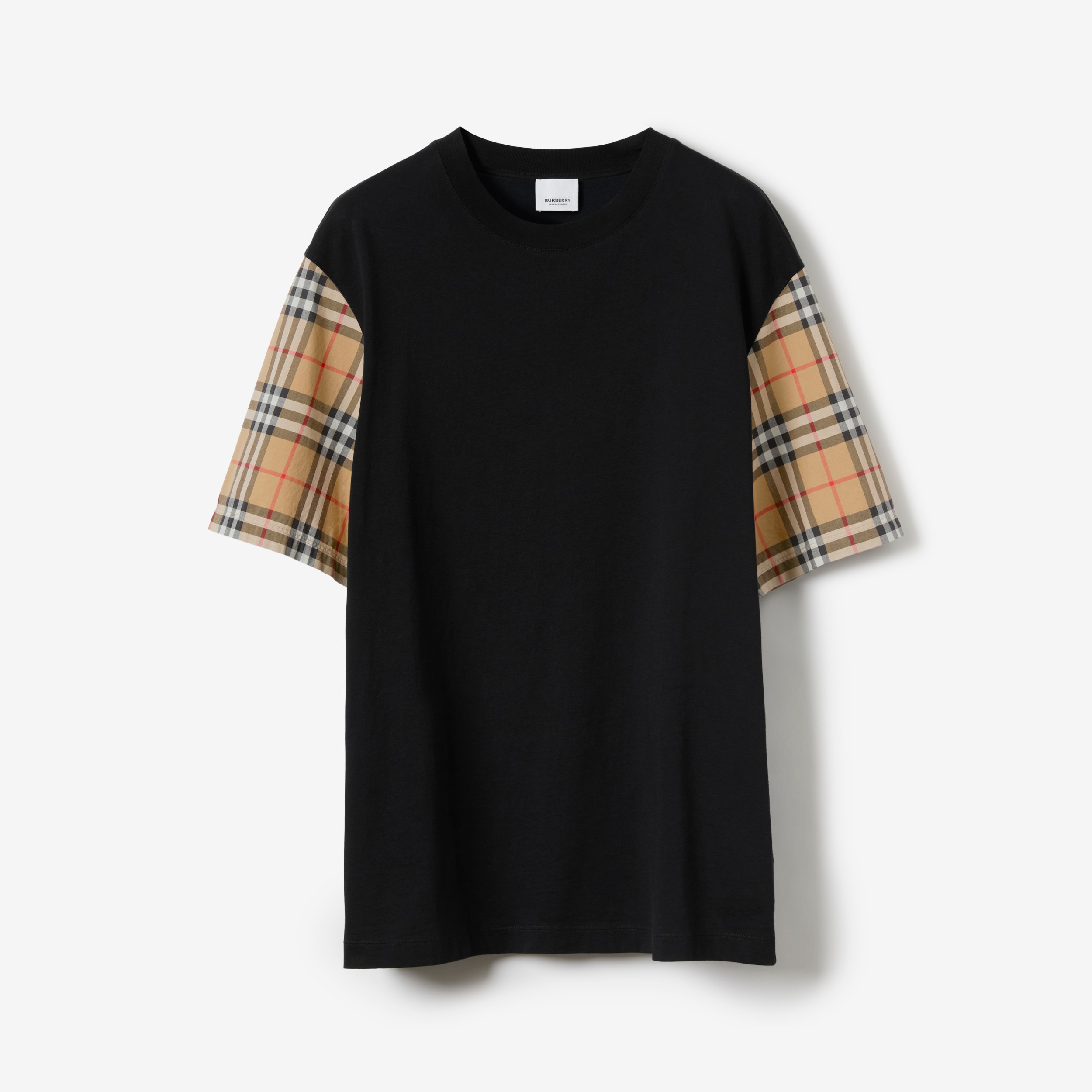 Check Sleeve Cotton T-shirt in Black | Official