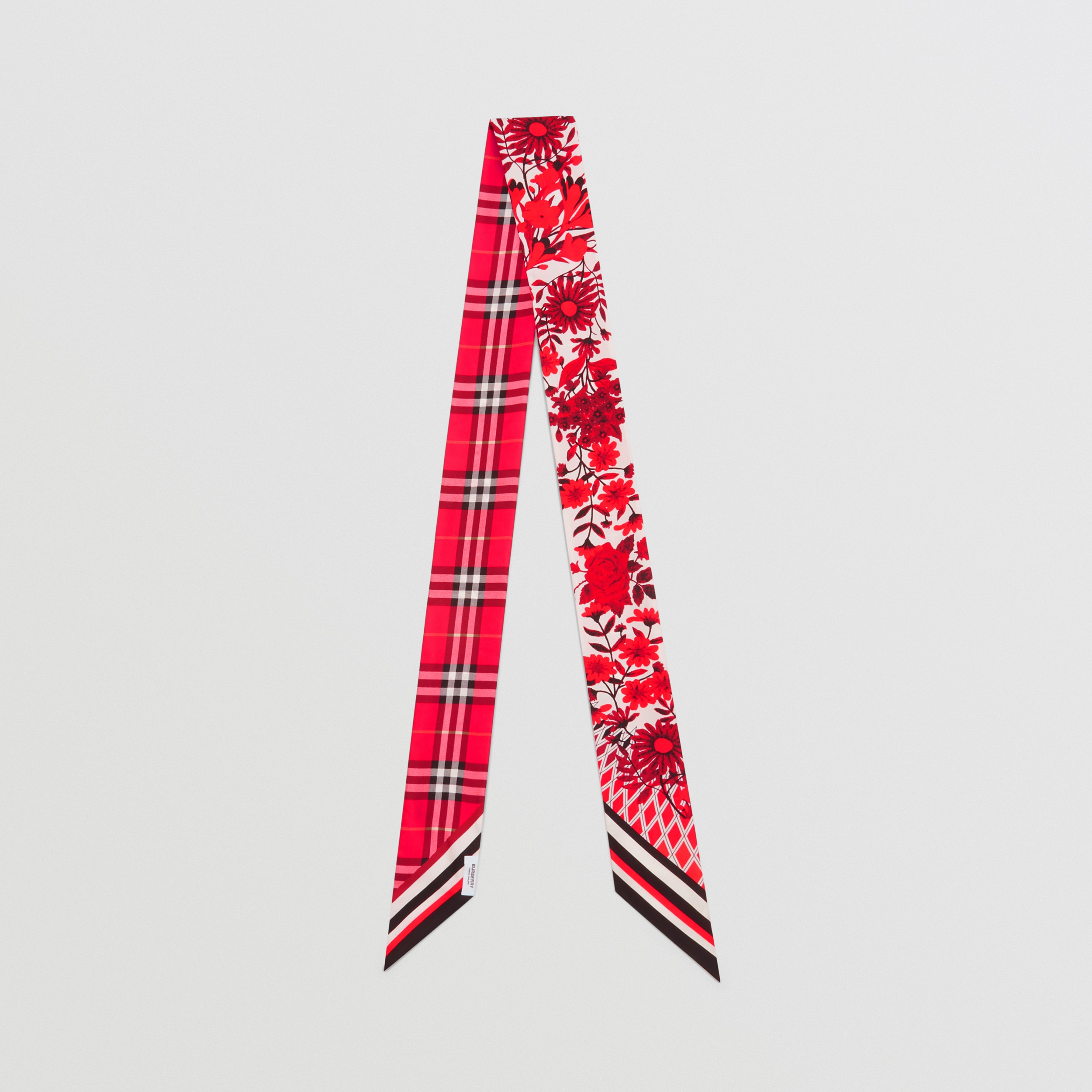 Check and Floral Print Silk Skinny Scarf – Online Exclusive in Bright Red - Women | Burberry® Official - 1