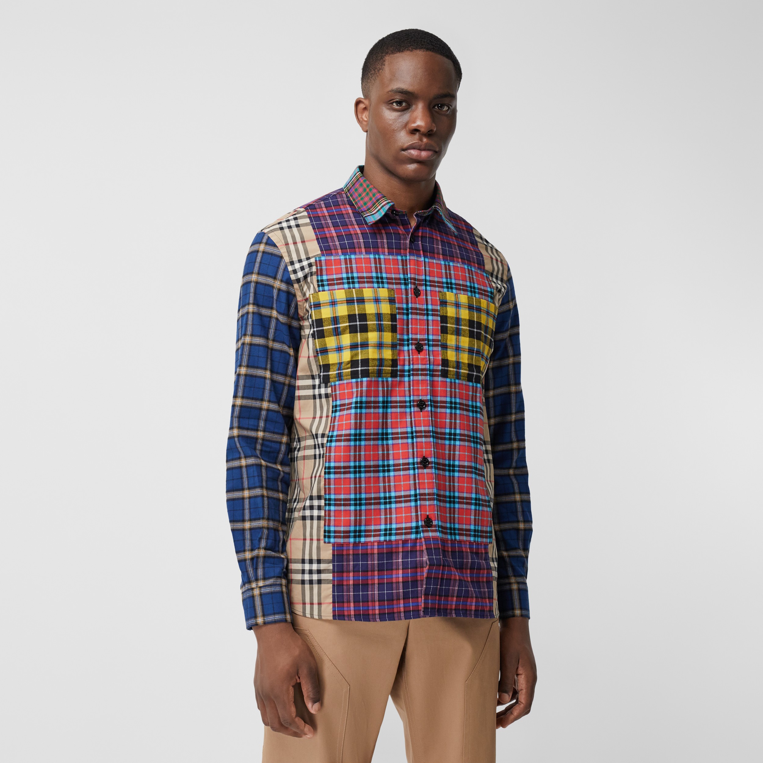 Patchwork Check Cotton Oversized Shirt in Navy - Men | Burberry United ...