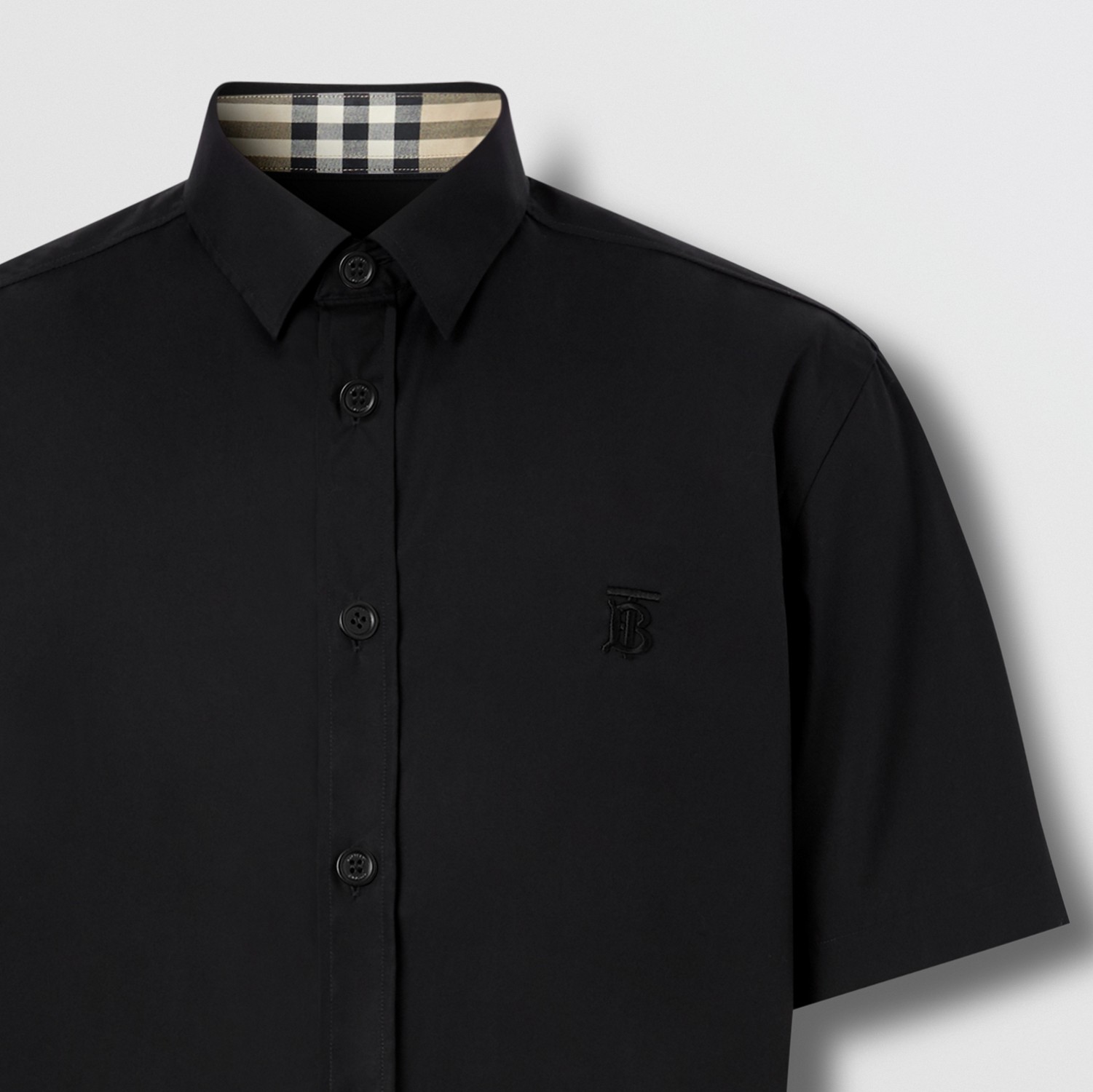 쇼트 슬리브 모노그램 모티프 스트레치 코튼 셔츠 (블랙) - 남성 | Burberry®